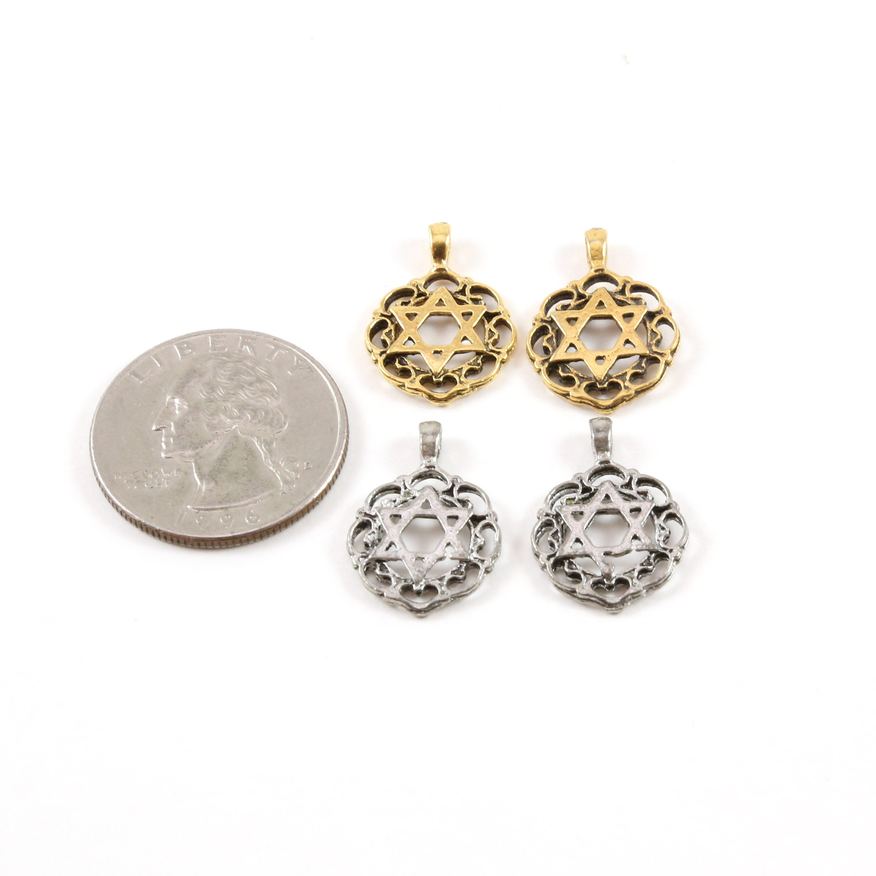 20mmx15mm Pewter Round Scalloped Edge Star of David Coin Pendant Charm (2pc)