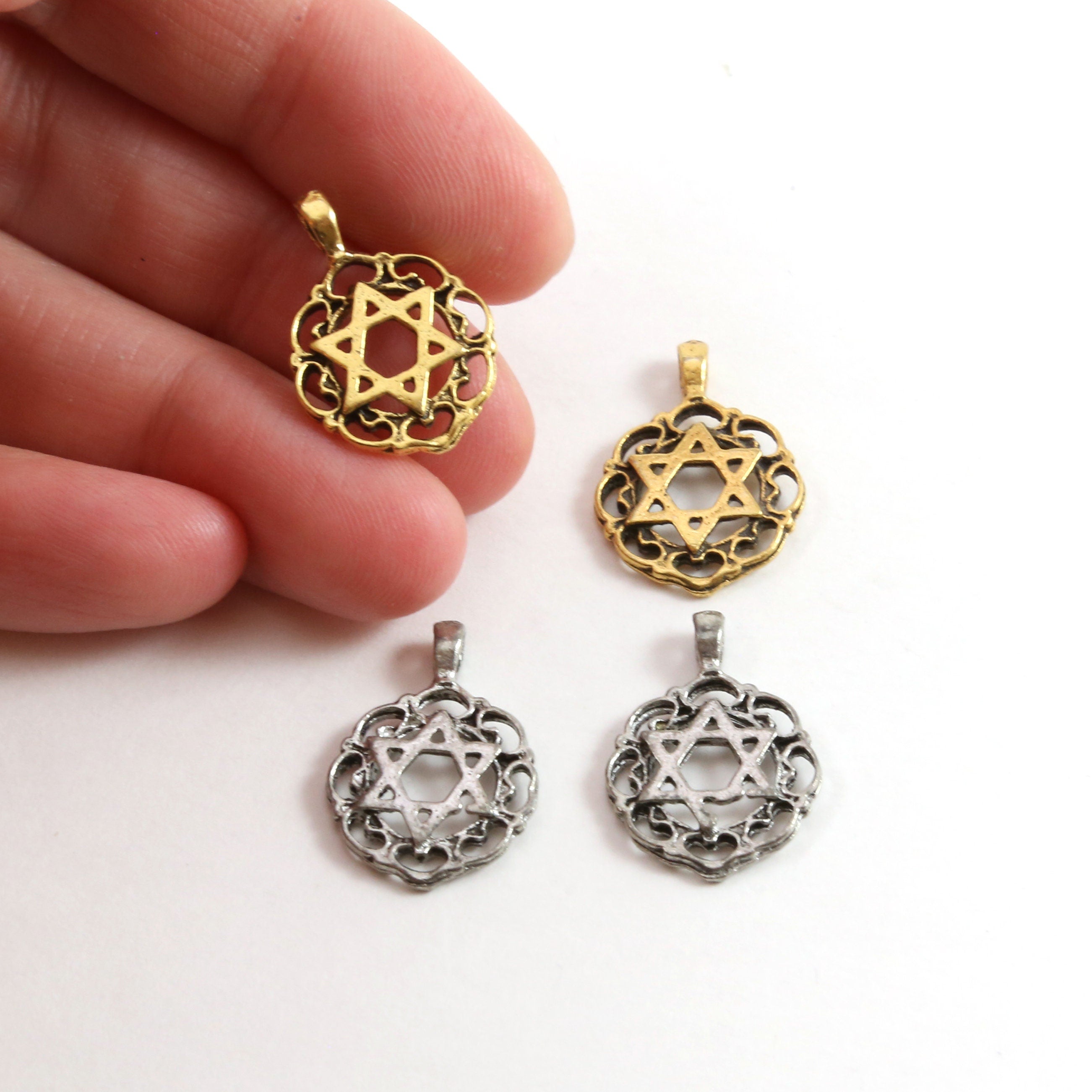 20mmx15mm Pewter Round Scalloped Edge Star of David Coin Pendant Charm (2pc)