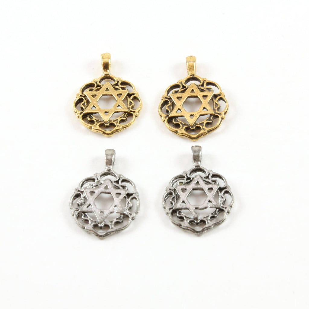 20mmx15mm Pewter Round Scalloped Edge Star of David Coin Pendant Charm (2pc)