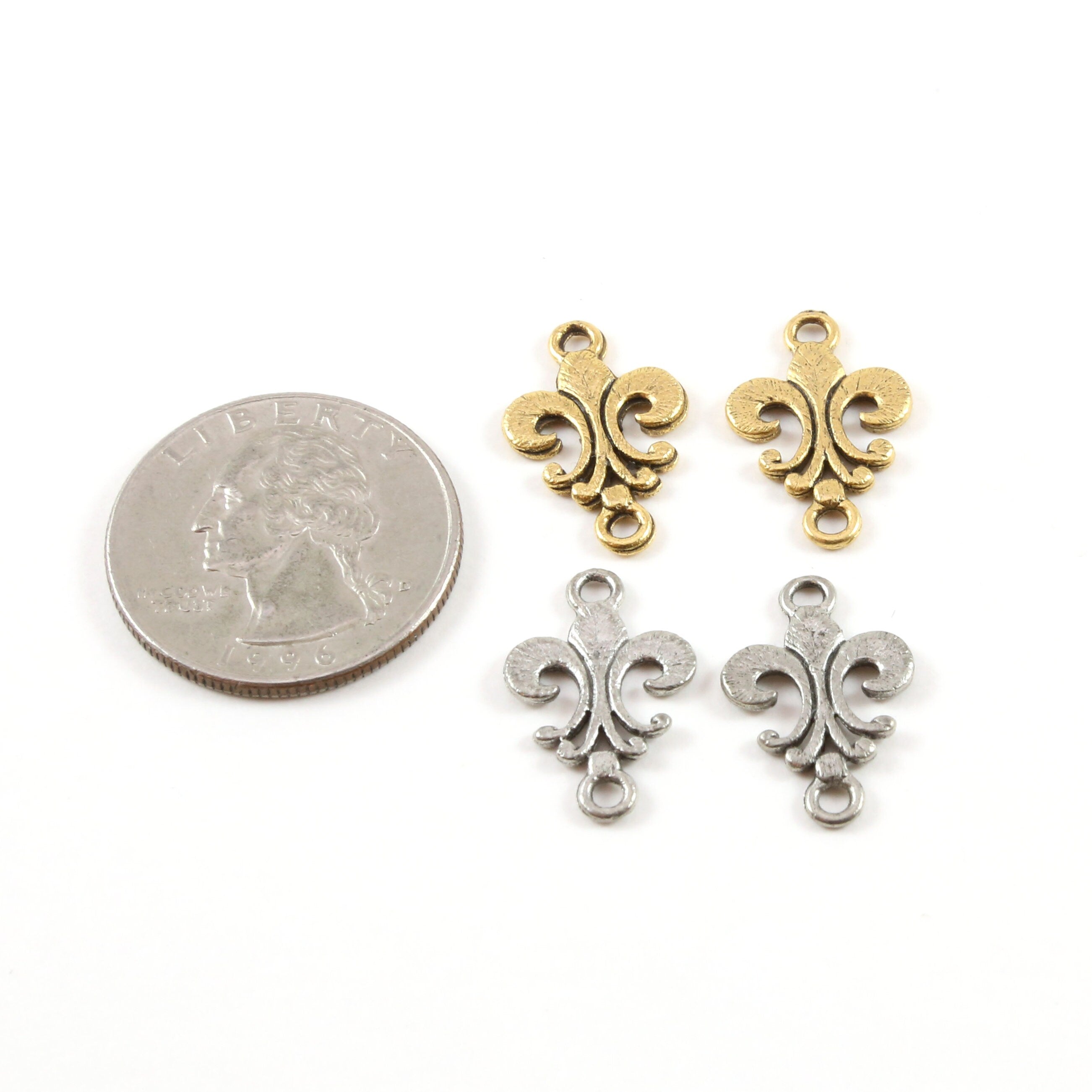 Pewter Simple Flat Fleur De Lis 2 Loop Connector Charm (2pc)