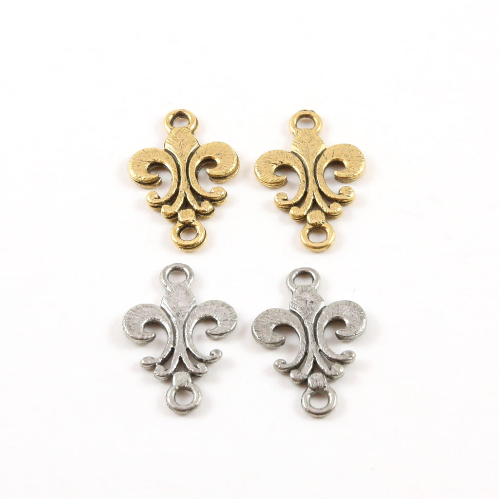 Pewter Simple Flat Fleur De Lis 2 Loop Connector Charm (2pc)