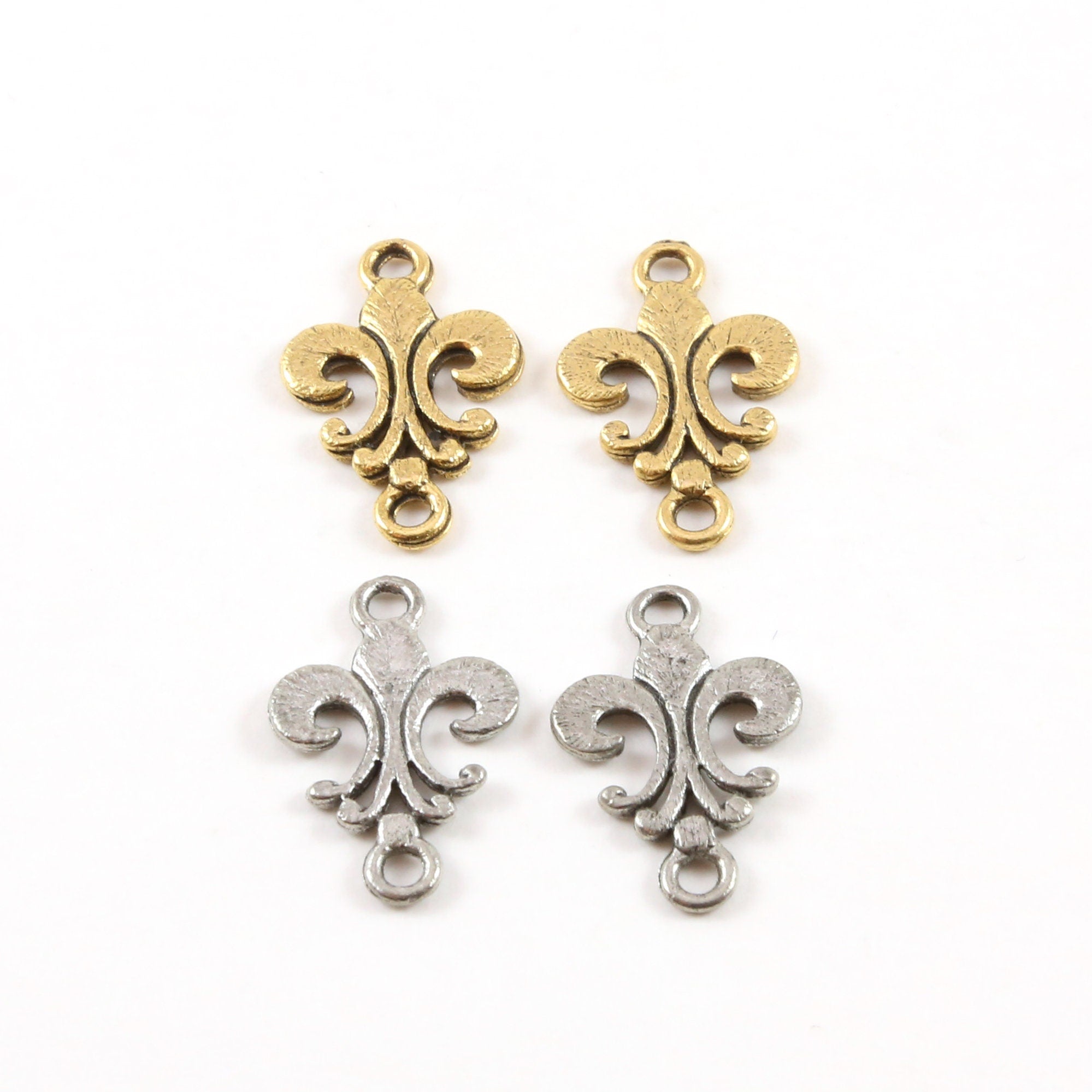 Pewter Simple Flat Fleur De Lis 2 Loop Connector Charm (2pc)