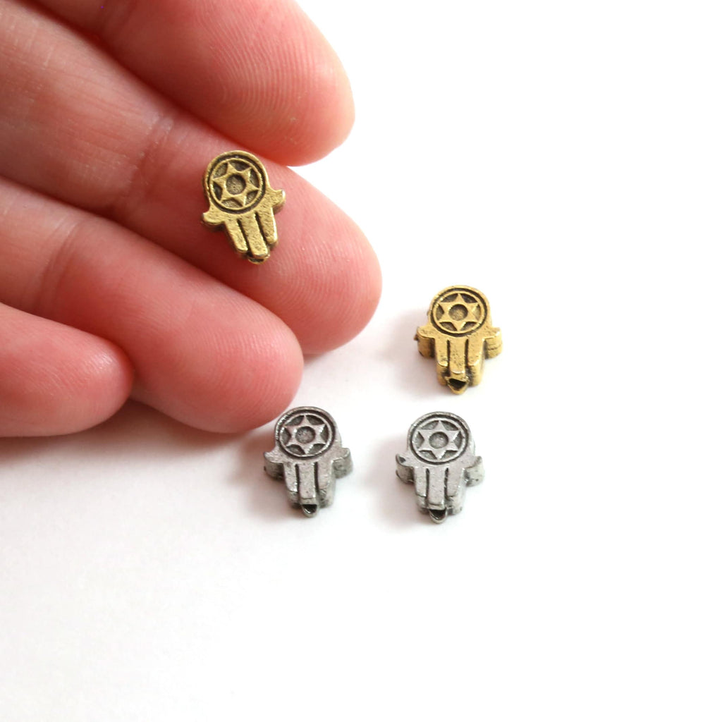 9mmx7mm Pewter Tiny Hamsa with Star of David Center Bead Charm (2pc)