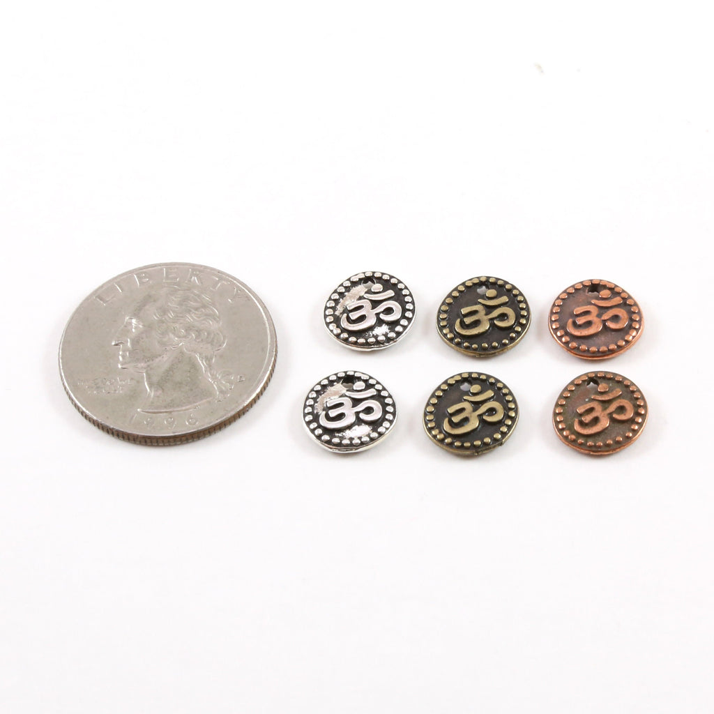 10mm Pewter Om Ohm Symbol Coin with Dotted Edges Charm Pendant (2pc)