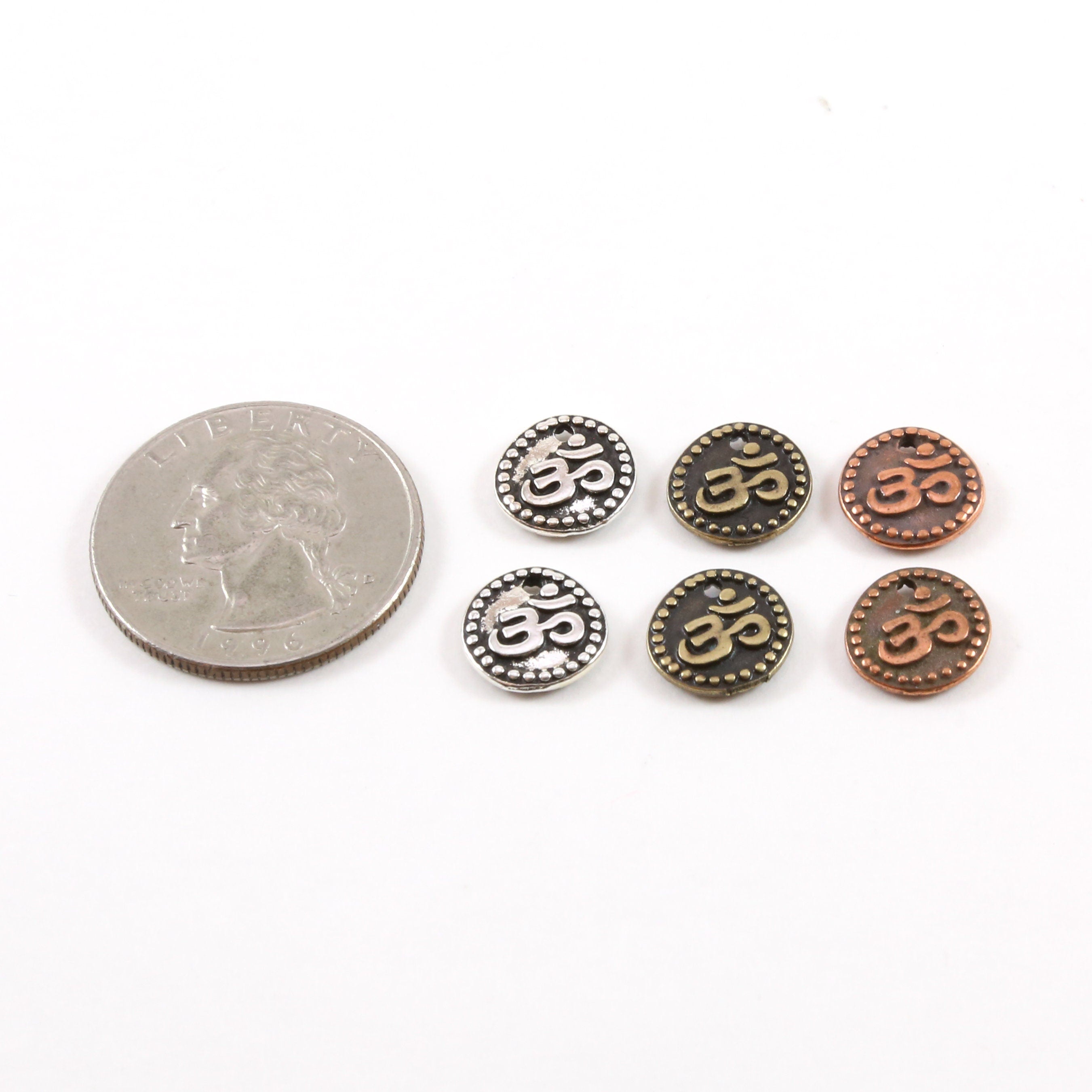 10mm Pewter Om Ohm Symbol Coin with Dotted Edges Charm Pendant (2pc)