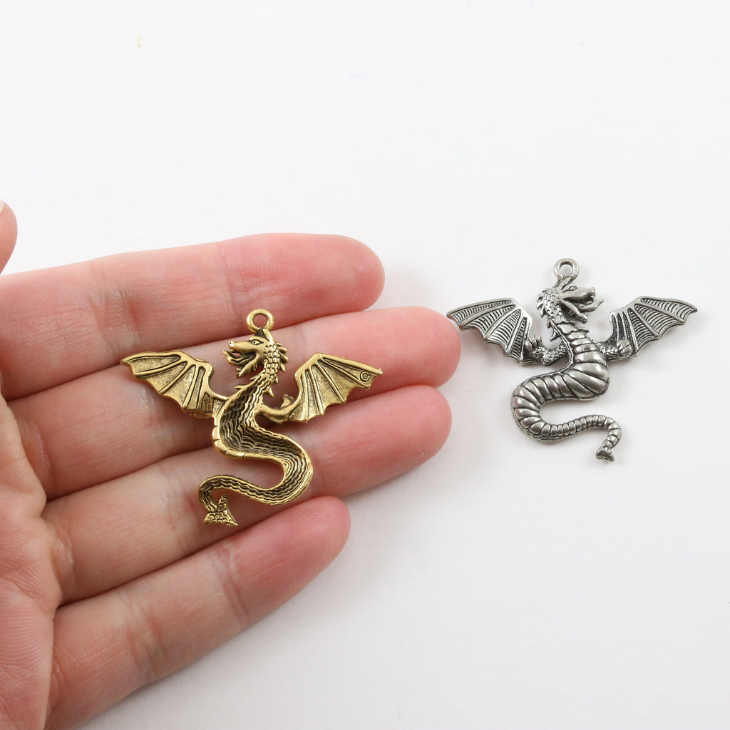 32mmx38mm Pewter Large Flying Detailed Dragon Charm Fantasy Medieval