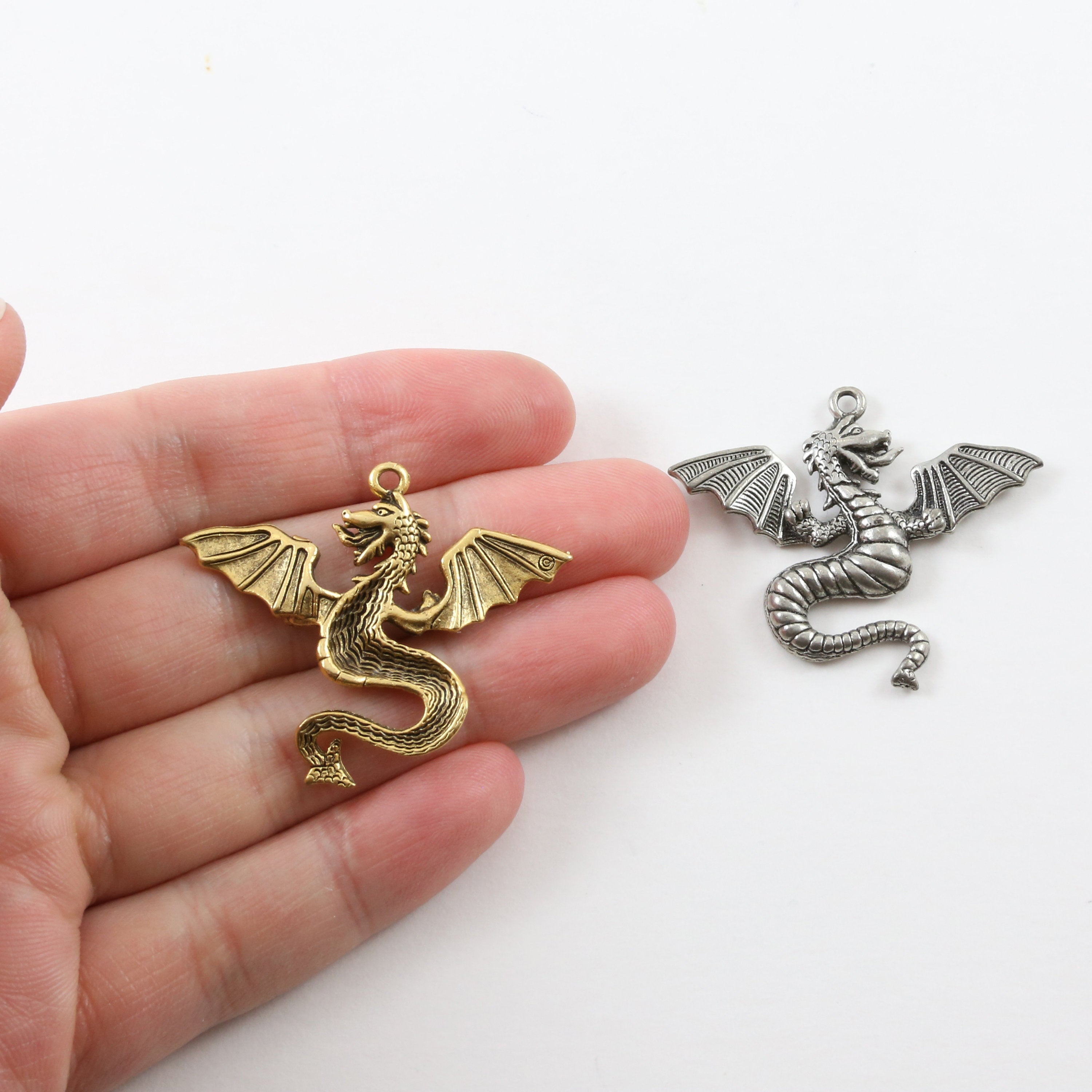 32mmx38mm Pewter Large Flying Detailed Dragon Charm Fantasy Medieval