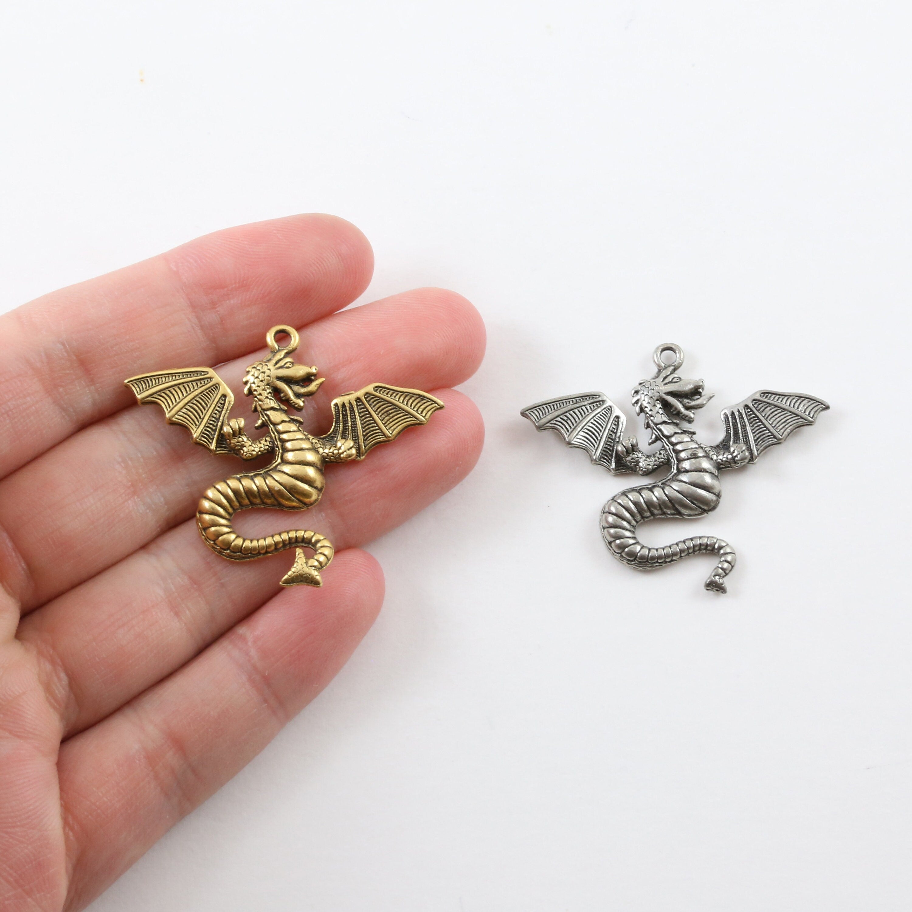 32mmx38mm Pewter Large Flying Detailed Dragon Charm Fantasy Medieval