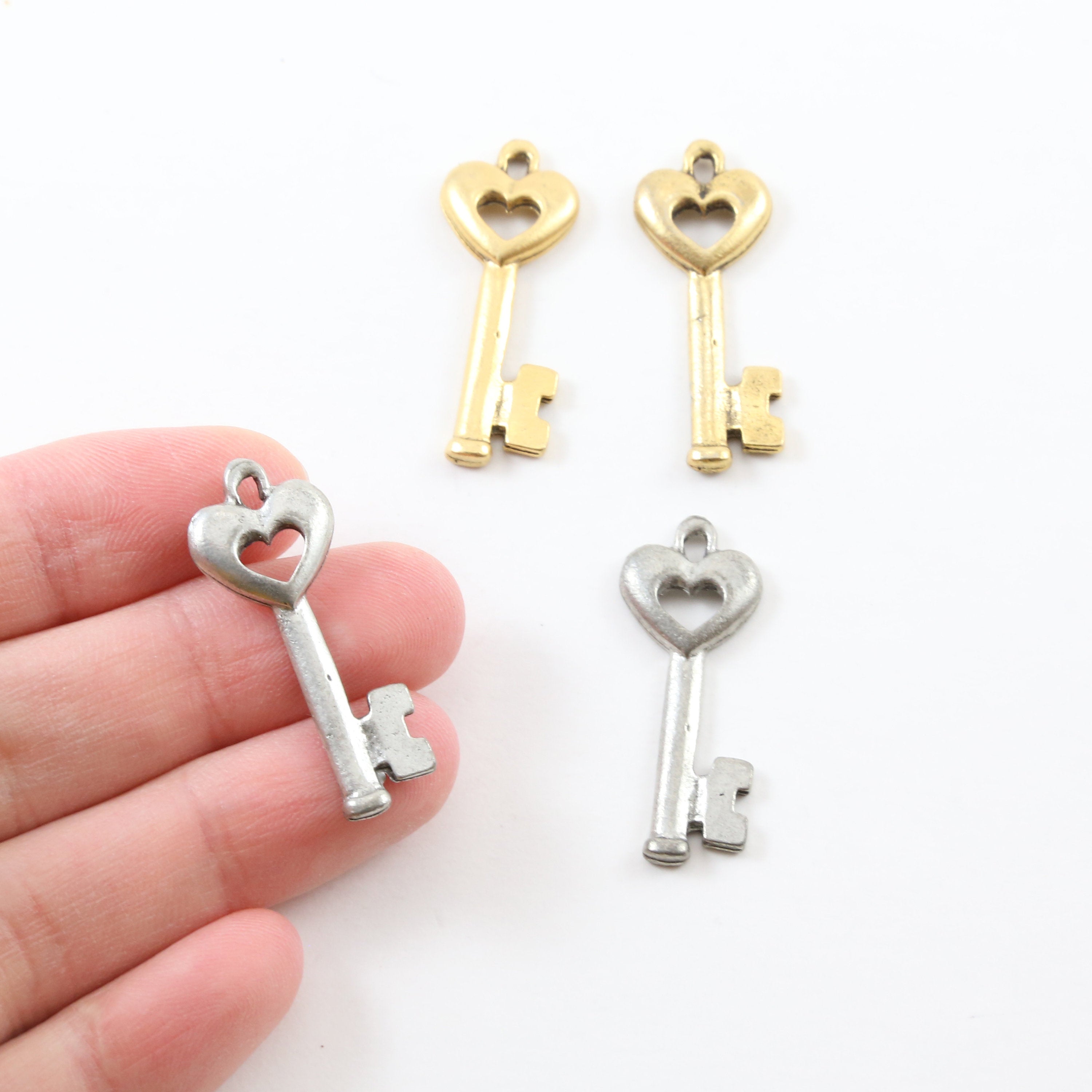 31mmx17mm Pewter Tall Heart Key Charm Best Friend Charm Necklace Pendant (2pc)
