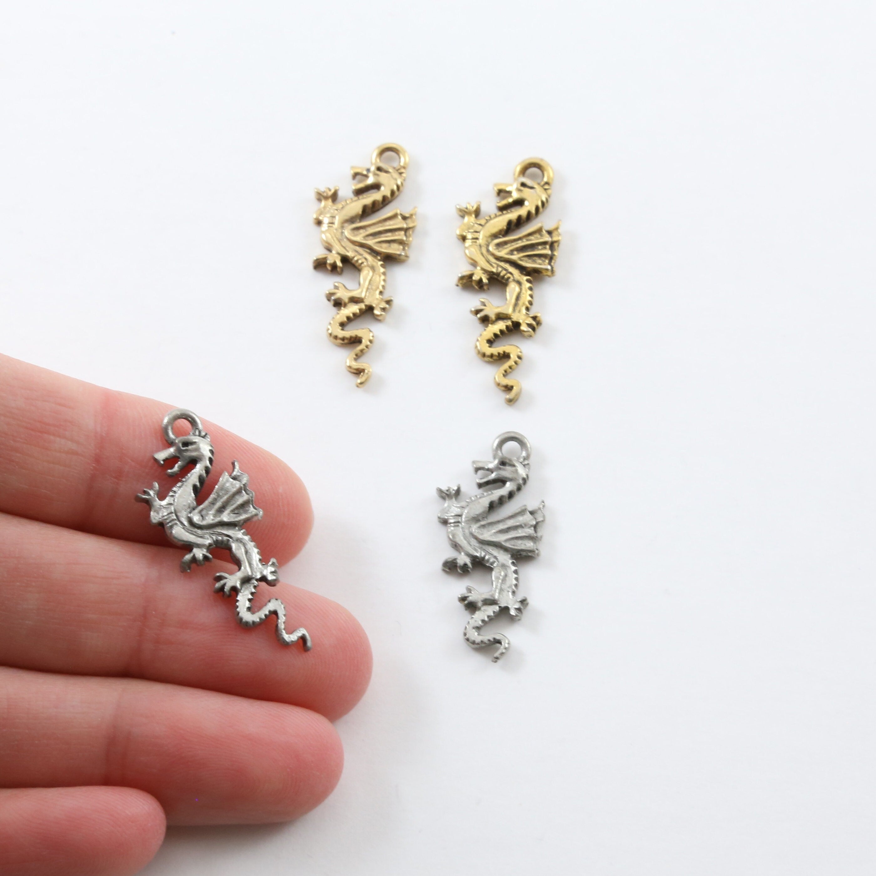 29mmx12mm Pewter Detailed Dragon Charm Fantasy Medieval Magic Mystical (2pc)