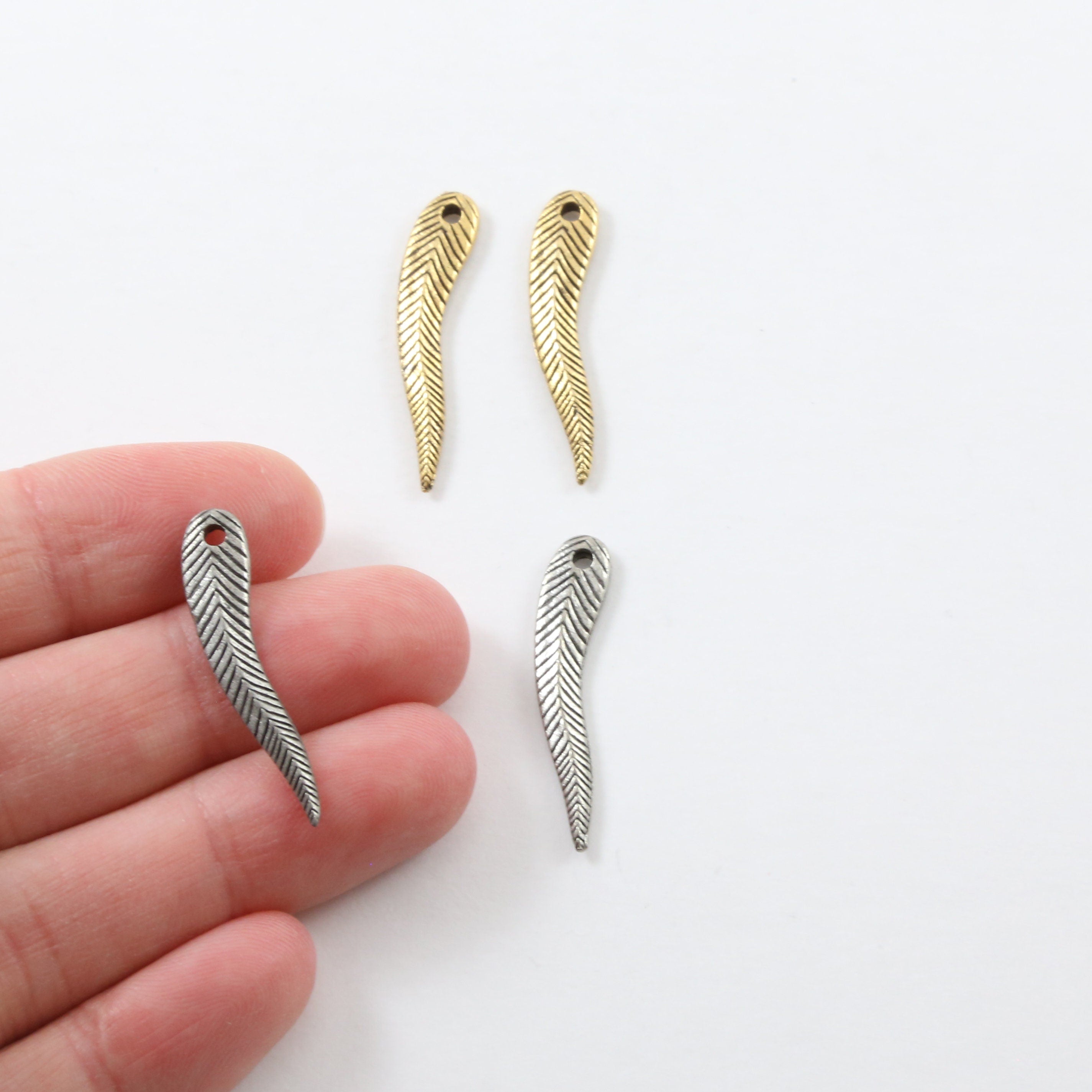 29mmx6mm Pewter Skinny Lined Pointed Minimal Modern Feather Charm (2pc)