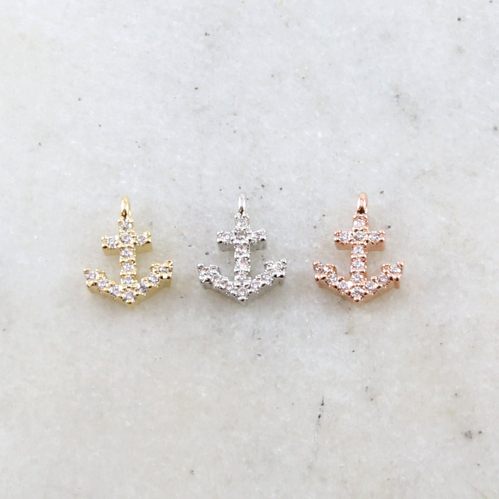 10mmx8mm Brass Dainty Tiny CZ Pave Anchor Charm in Gold Silver Rose