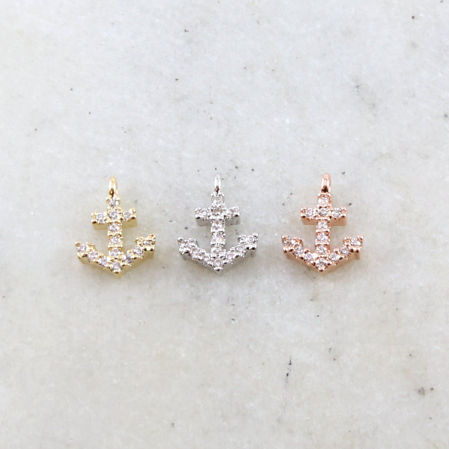 10mmx8mm Brass Dainty Tiny CZ Pave Anchor Charm in Gold Silver Rose