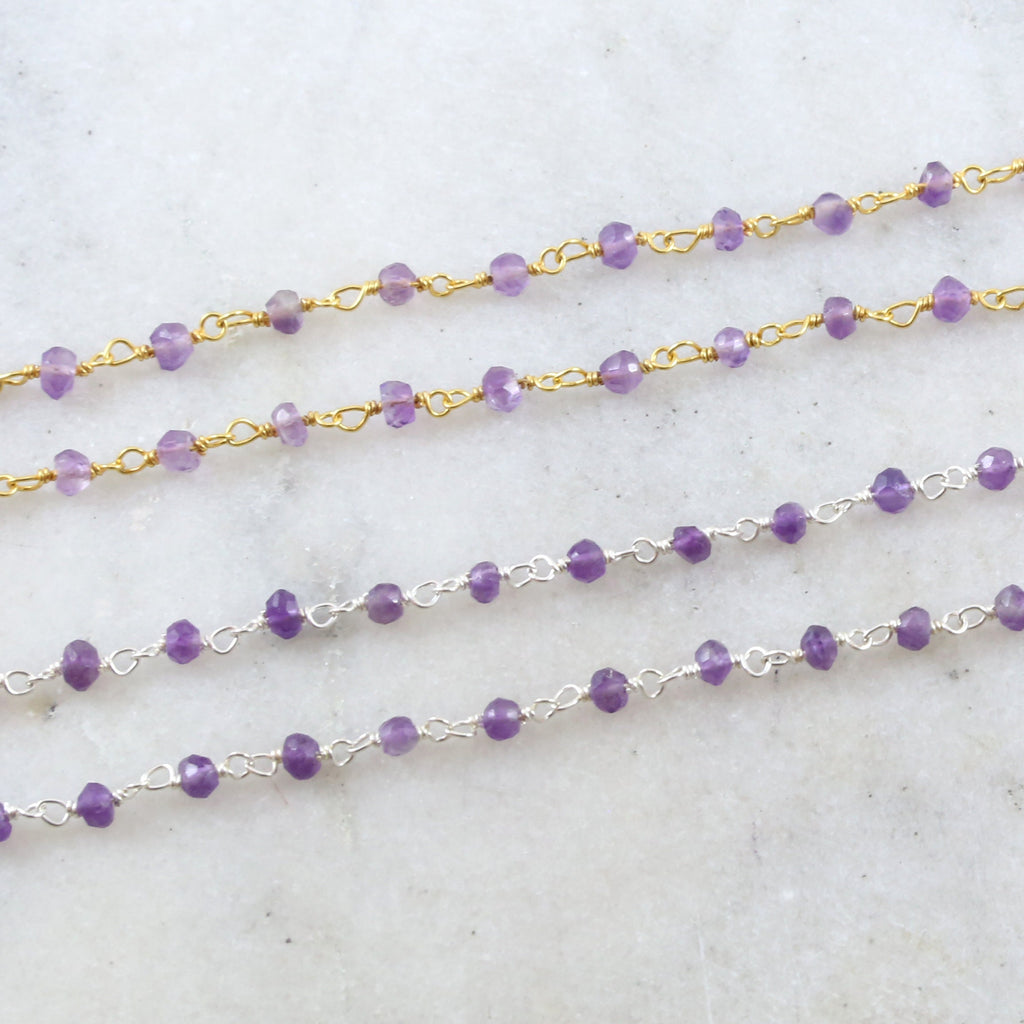 Sterling Silver or Vermeil Dainty Amethyst Purple Gemstone – Sold by the Foot
