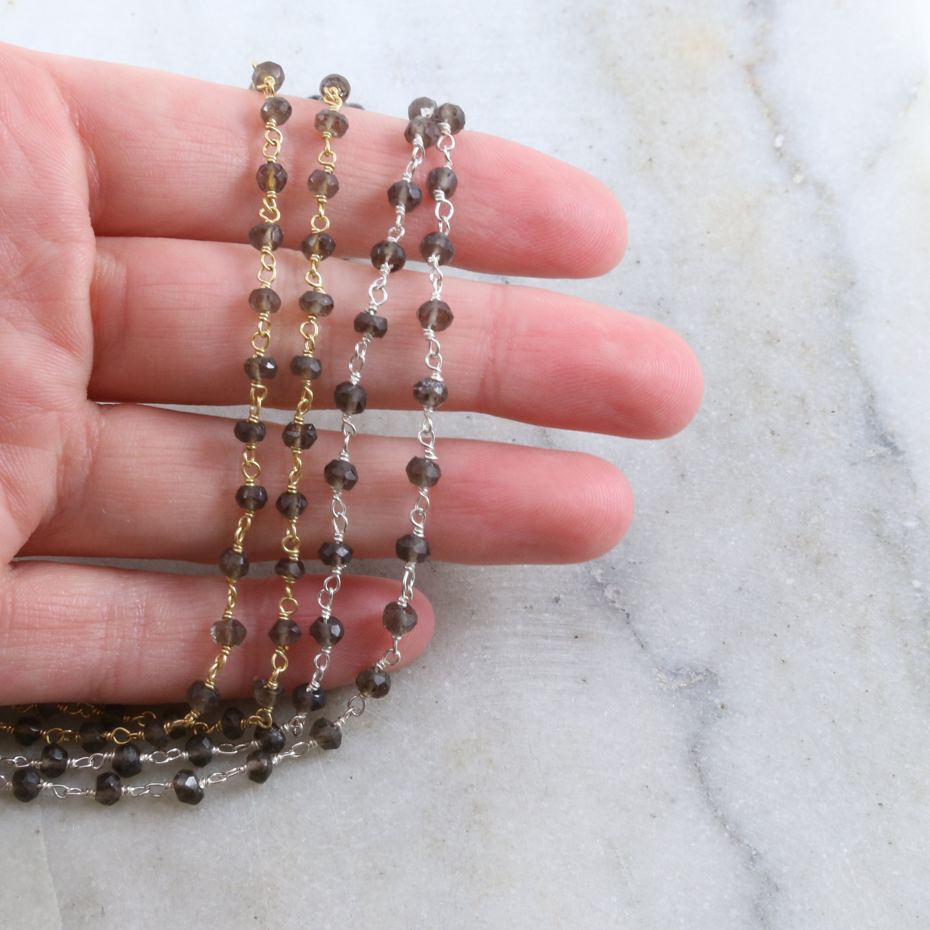 Sterling Silver or Vermeil Dainty Smokey Quartz Rosary – Sold by the Foot