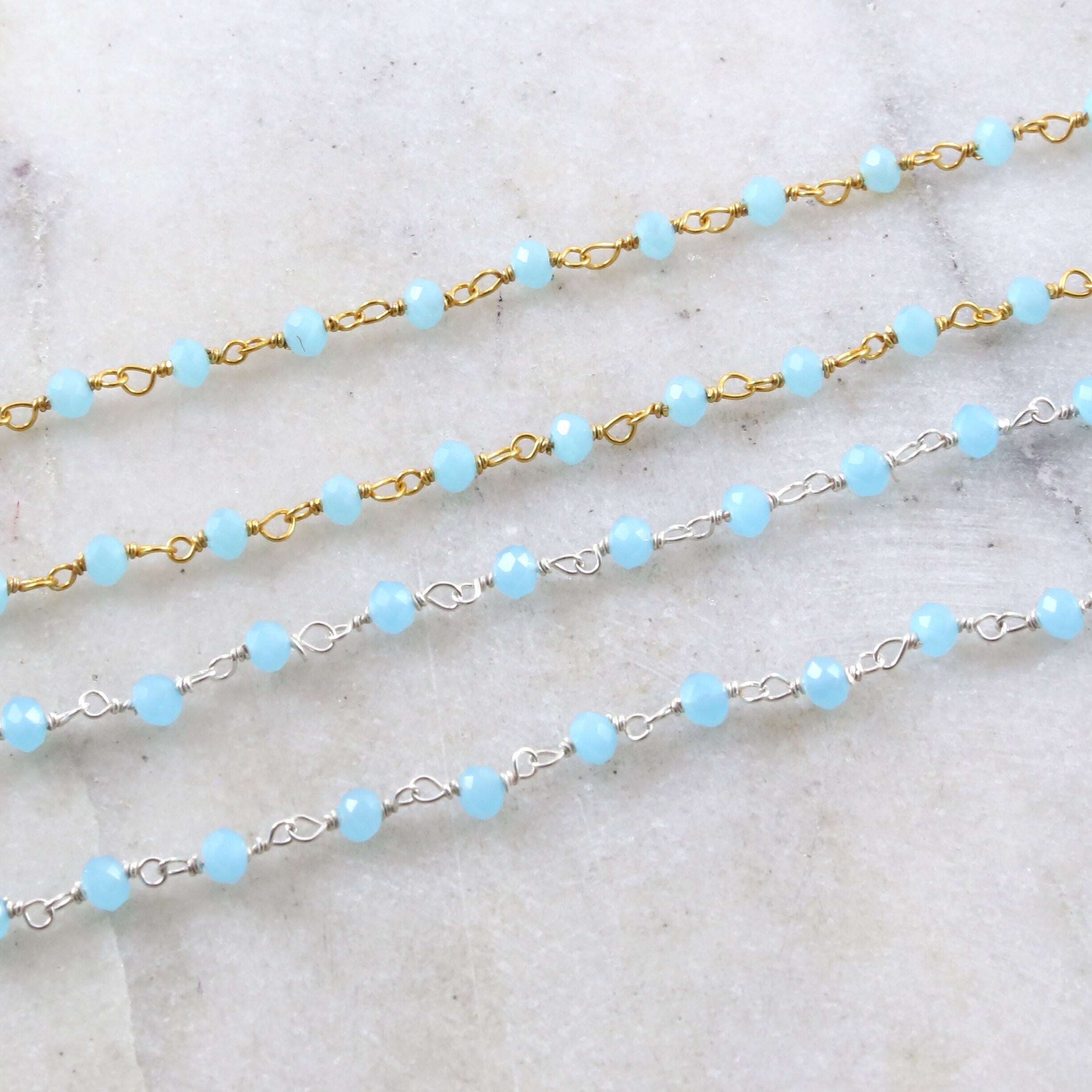 Sterling Silver or Vermeil Dainty Blue Chalcedony Gemstone – Sold by the Foot