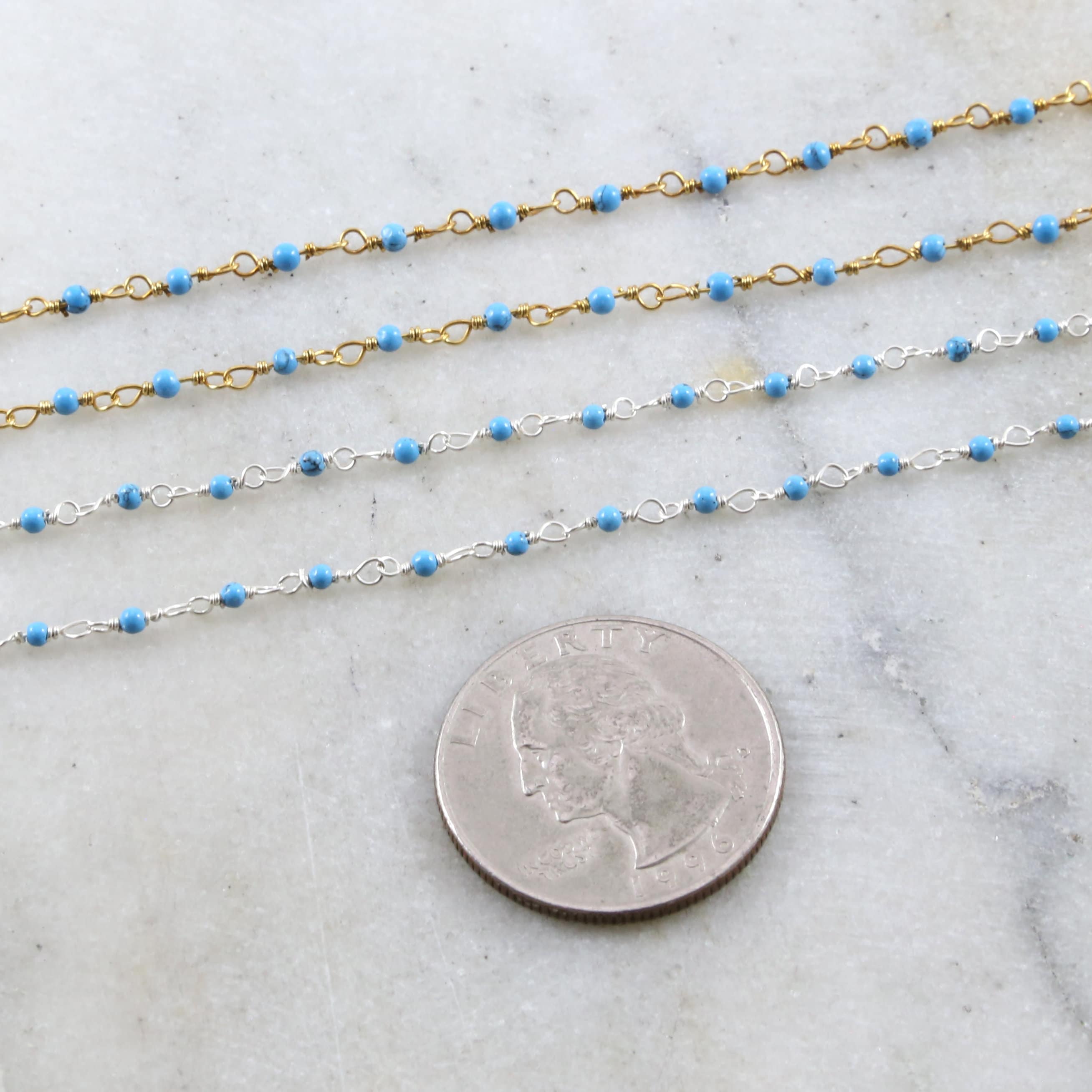 Sterling Silver or Vermeil Tiny Turquoise Rosary Beaded – Sold by the Foot