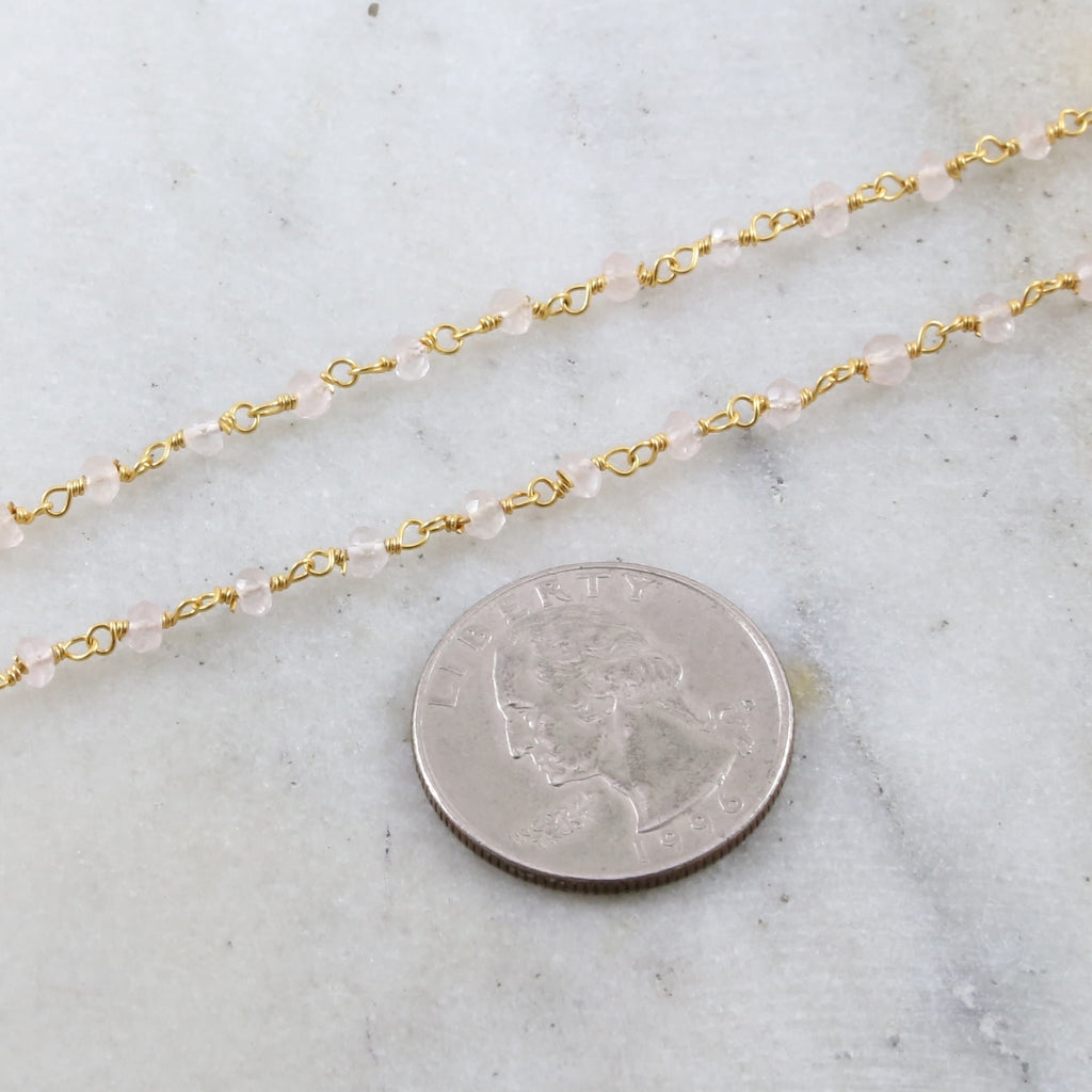 Vermeil Dainty Rose Quartz Rosary Beaded Wire Wrapped Chain – Sold by the Foot