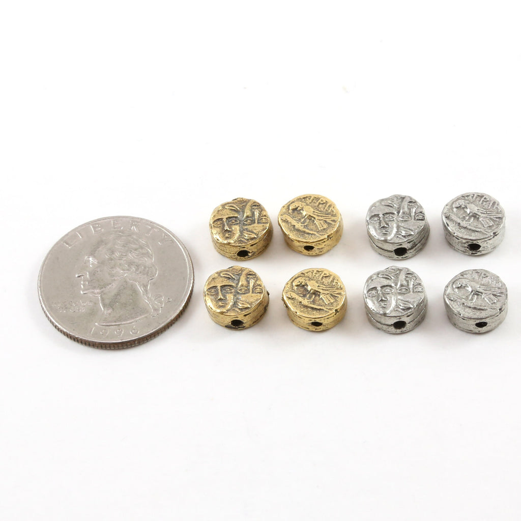 9mm Pewter Tiny Small Ancient Greek Coin Symbol Double Sided Bead (4pc)