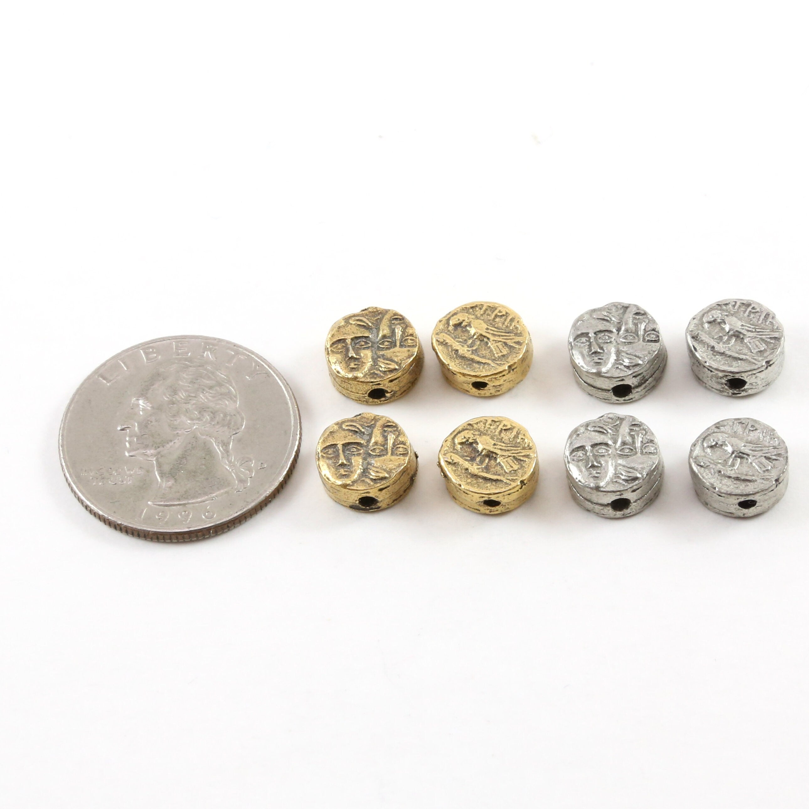 9mm Pewter Tiny Small Ancient Greek Coin Symbol Double Sided Bead (4pc)