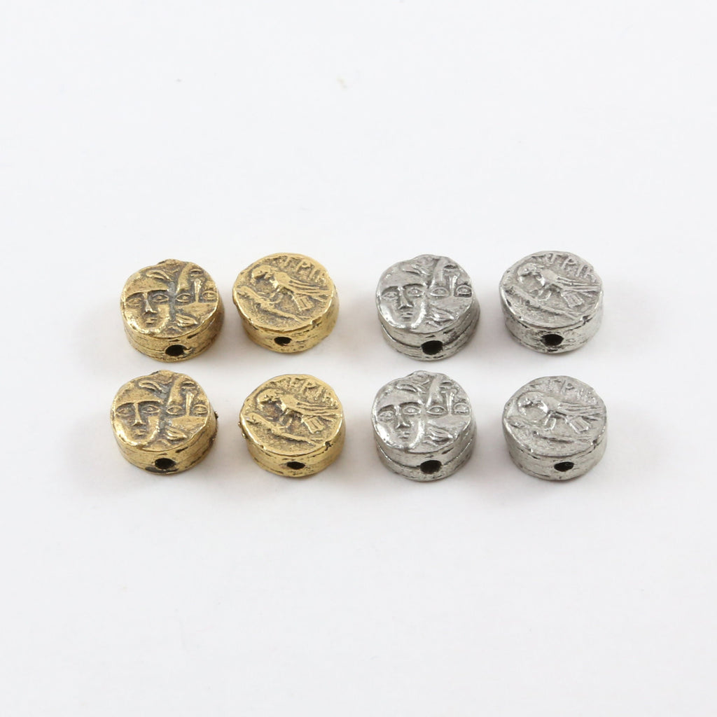 9mm Pewter Tiny Small Ancient Greek Coin Symbol Double Sided Bead (4pc)