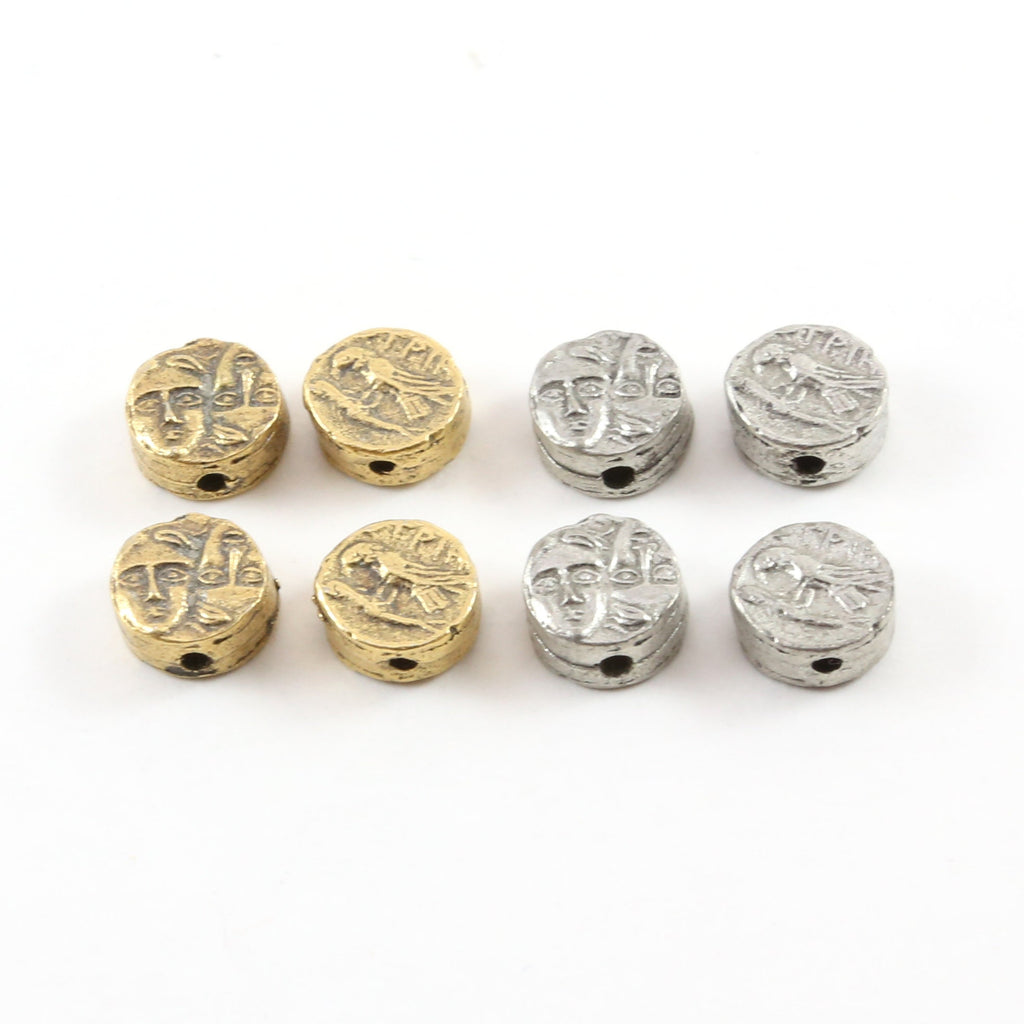 9mm Pewter Tiny Small Ancient Greek Coin Symbol Double Sided Bead (4pc)