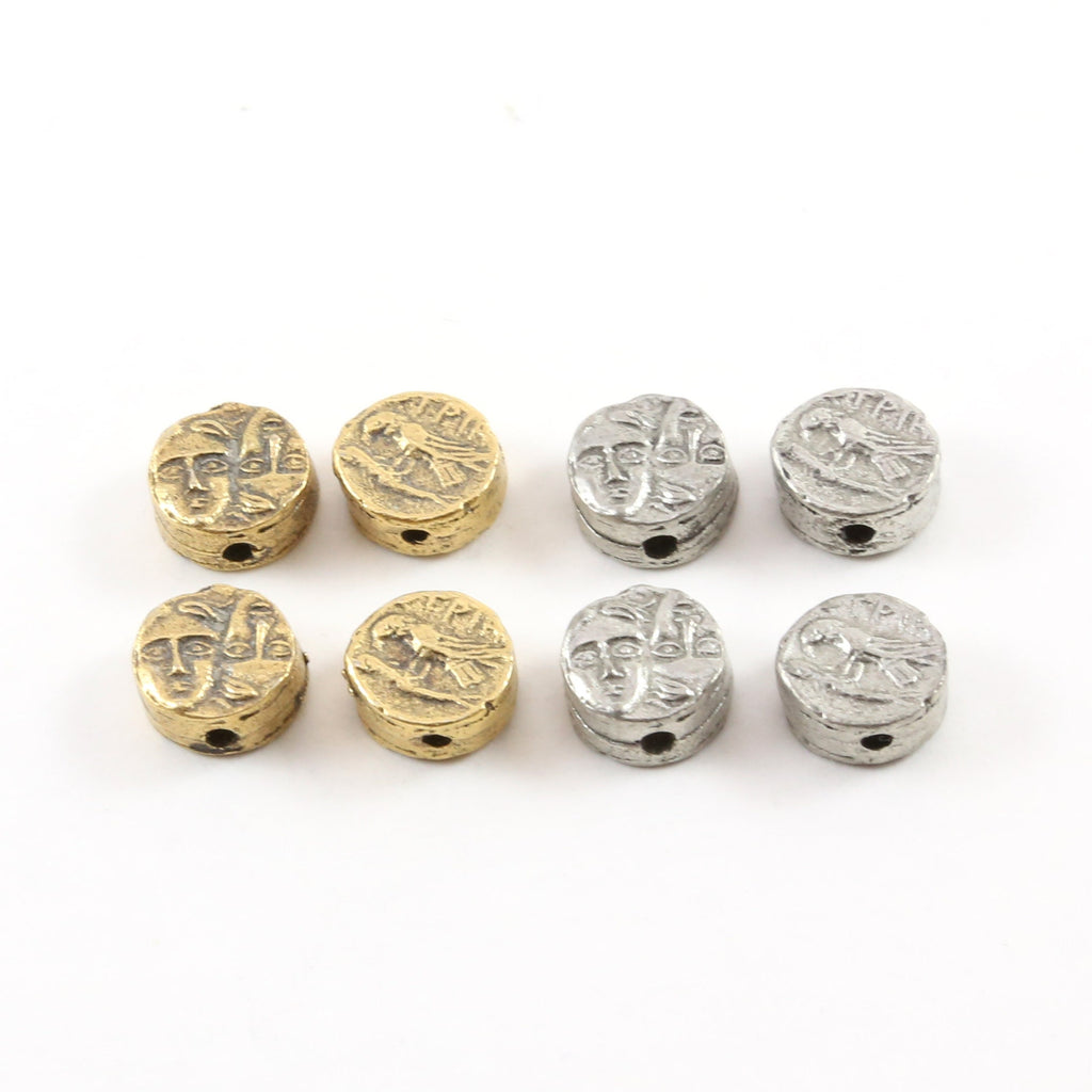 9mm Pewter Tiny Small Ancient Greek Coin Symbol Double Sided Bead (4pc)