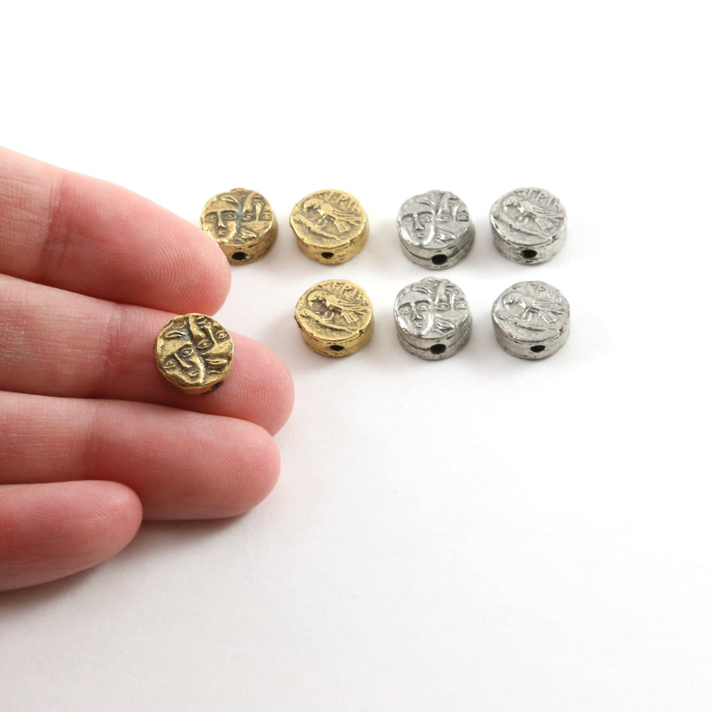 9mm Pewter Tiny Small Ancient Greek Coin Symbol Double Sided Bead (4pc)