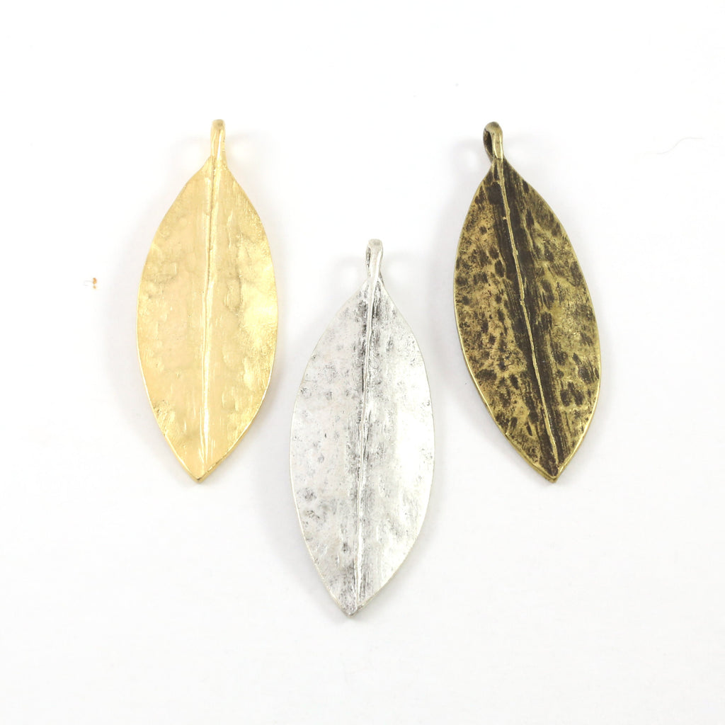 Pewter Large Detailed Pointed Leaf Nature Pendant Matte Gold