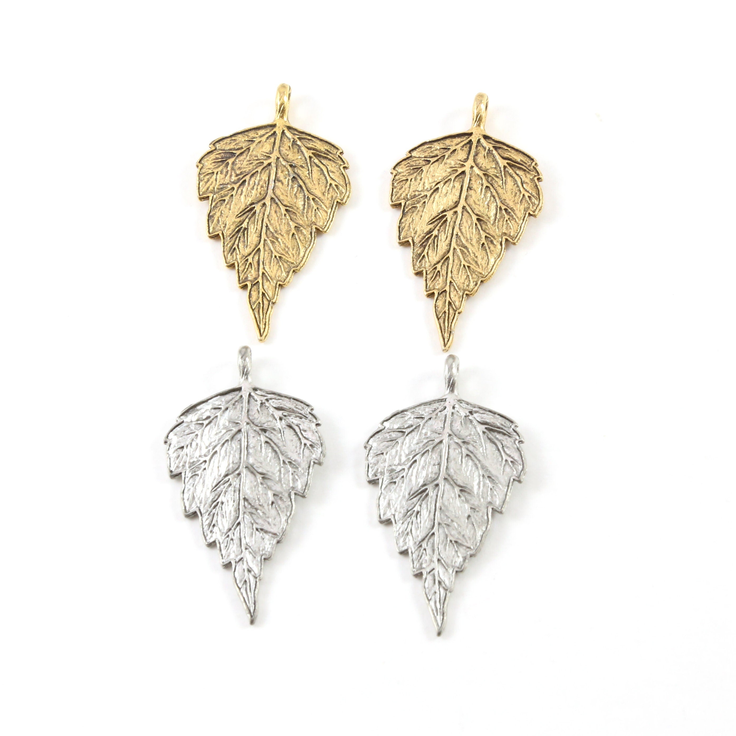 34mmx18mm Pewter Detailed Birch Leaf Nature Pendant Antique Gold Antique (2pc)