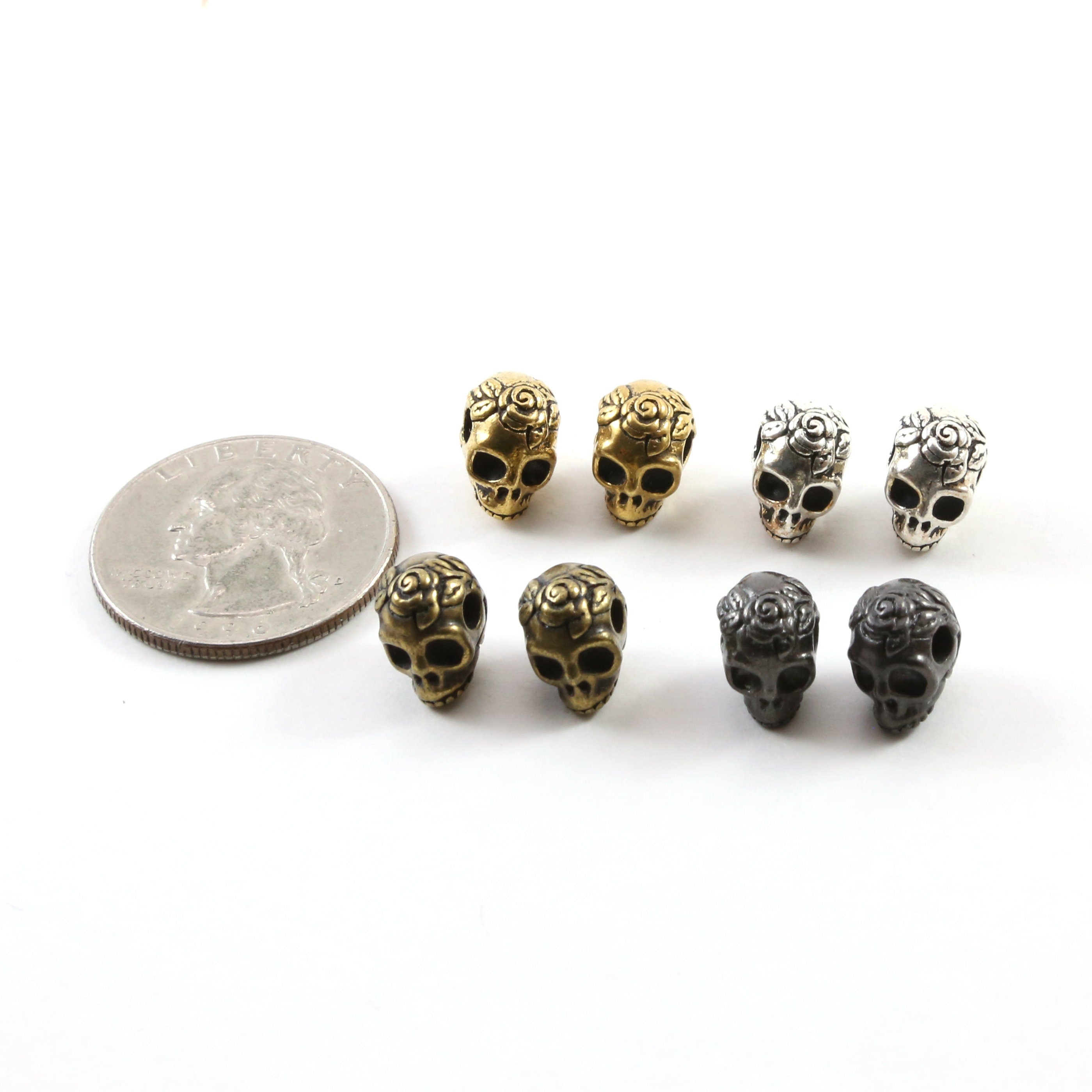 10mmx8mm Pewter Pretty Skull with Roses Bead Charm Halloween Skeletons (2pc)