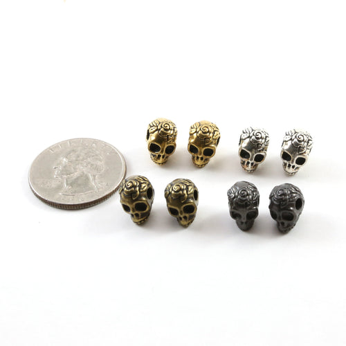 10mmx8mm Pewter Pretty Skull with Roses Bead Charm Halloween Skeletons (2pc)