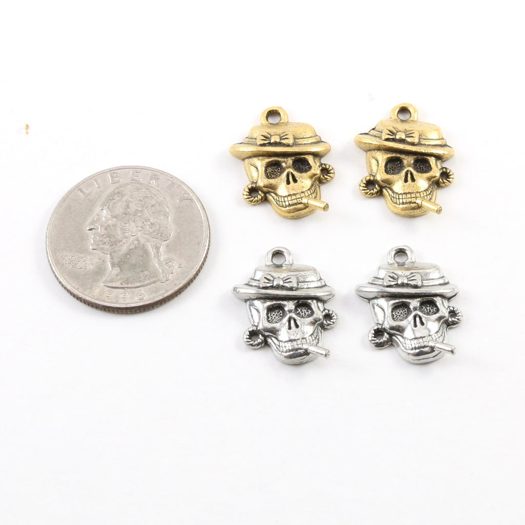 20mmx 15mm Pewter Smoking Skull with Hat and Earrings Charm Pendant (2pc)