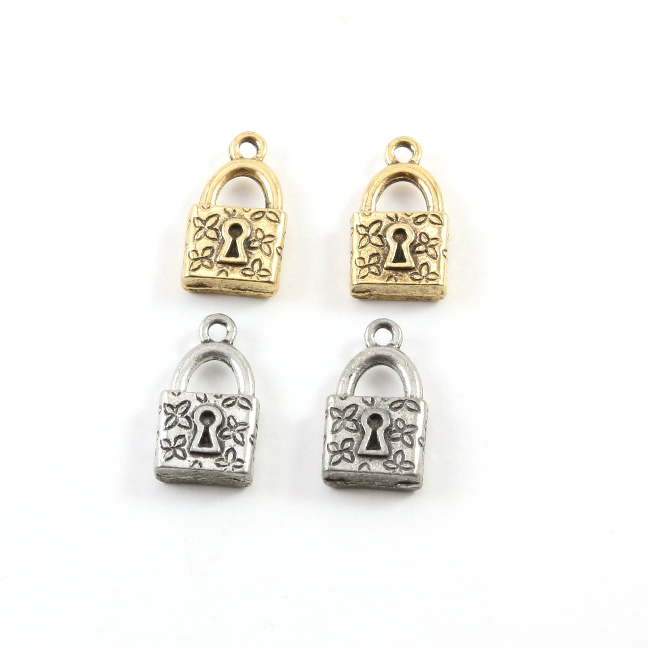 18mmx15mm Pewter Floral Pad Lock Key Charm with Flowers Necklace Pendant (2pc)