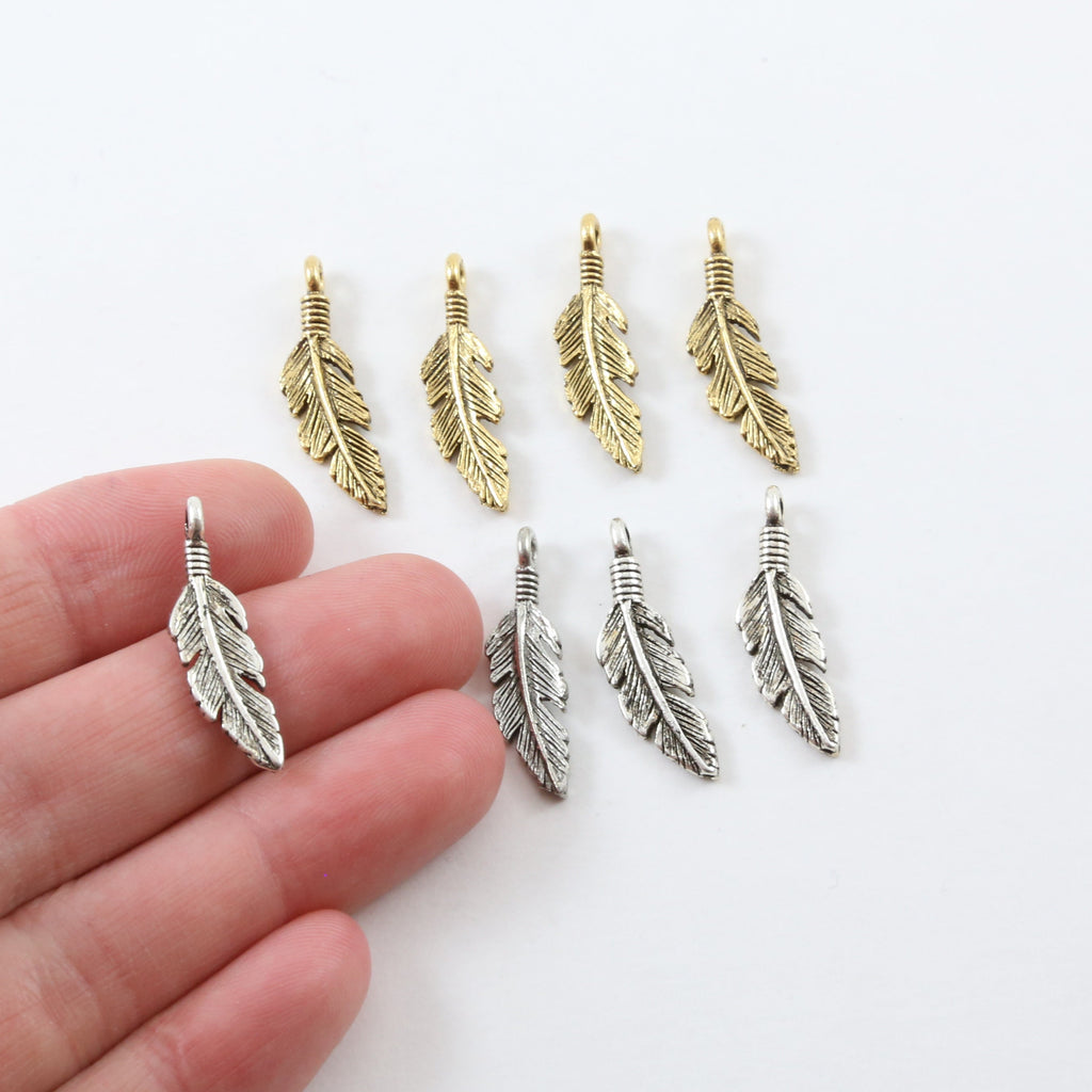 24mmx7mm Pewter Dainty Modern Feather Charm Necklace Pendant Antique (4pc)