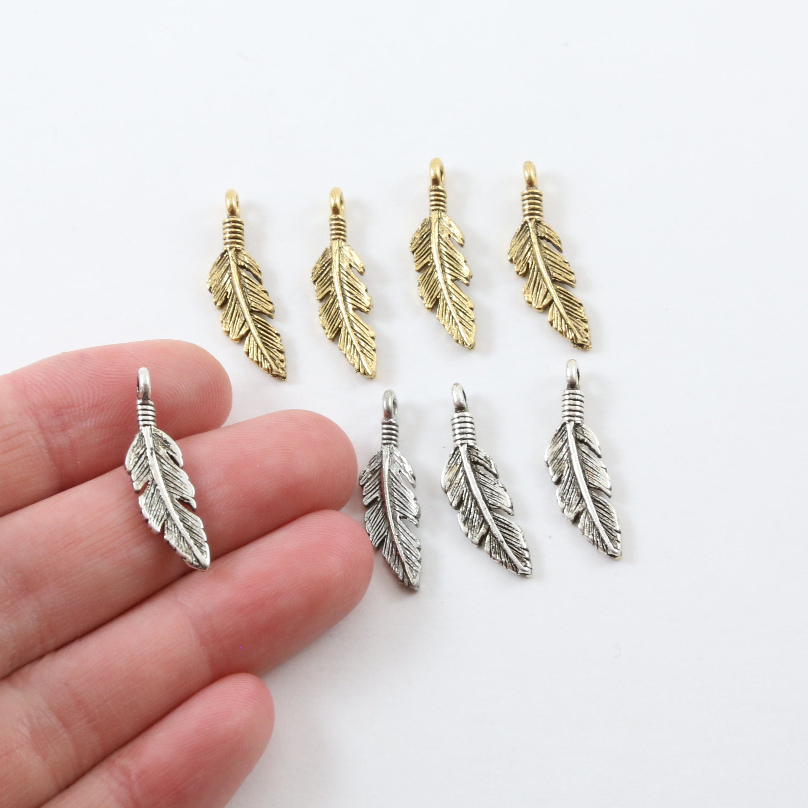 24mmx7mm Pewter Dainty Modern Feather Charm Necklace Pendant Antique (4pc)