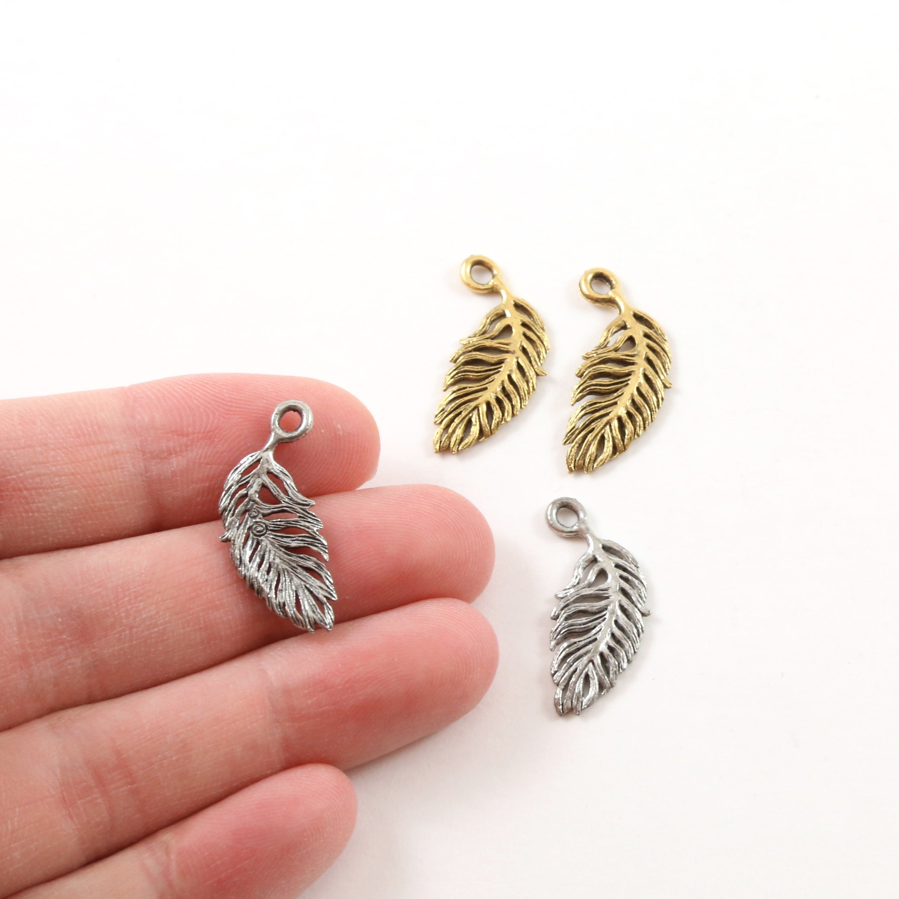 22mmx10mm Pewter Small Minimal Modern Feather Charm Necklace Pendant (2pc)