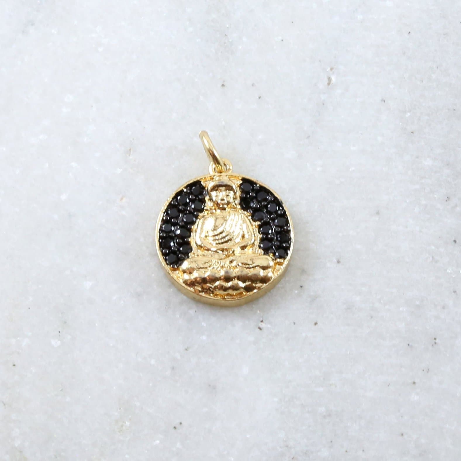 15mmx8mm Gold Plated or Rhodium Plated Coin Black CZ Pave Buddha Ohm Gold
