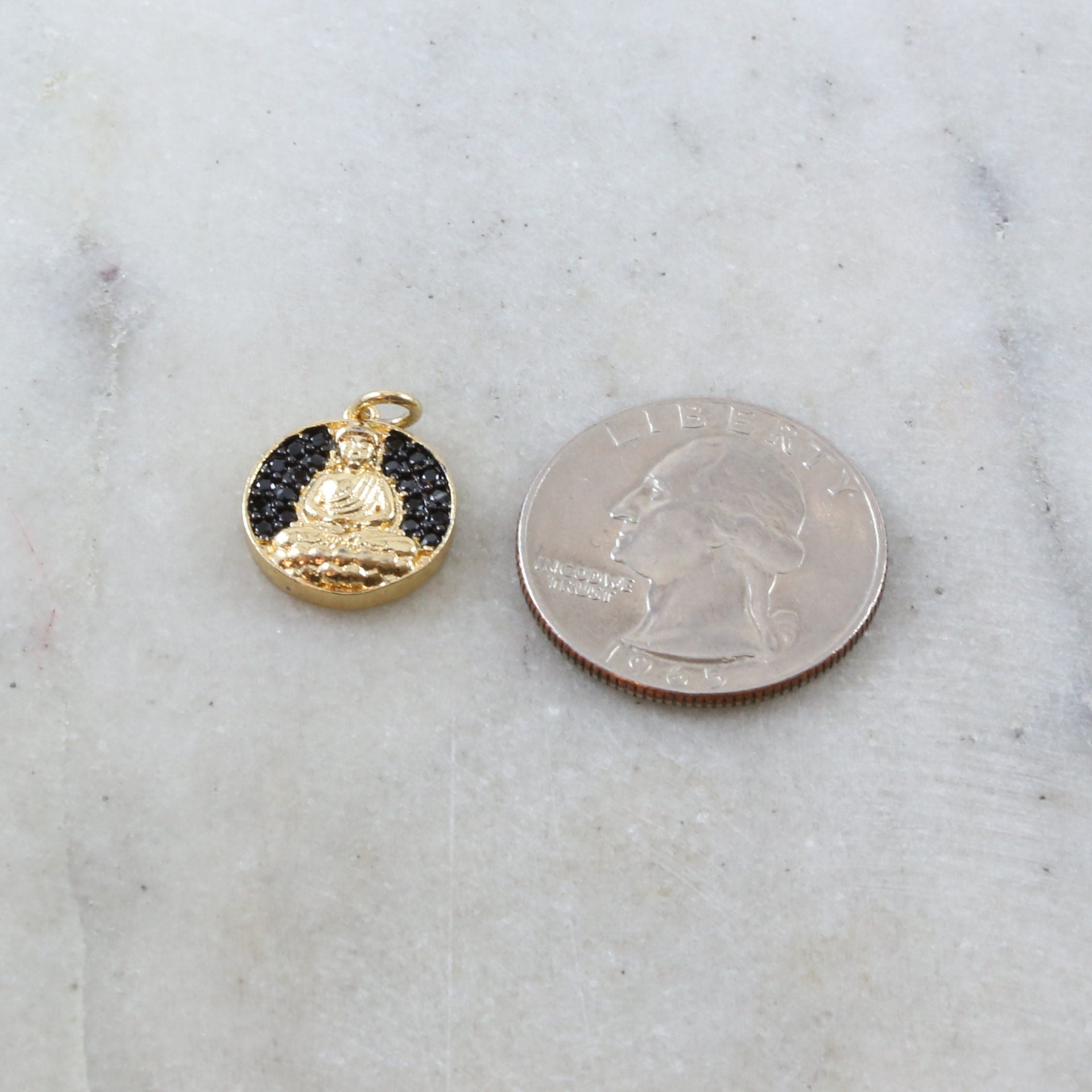 15mmx8mm Gold Plated or Rhodium Plated Coin Black CZ Pave Buddha Ohm Gold