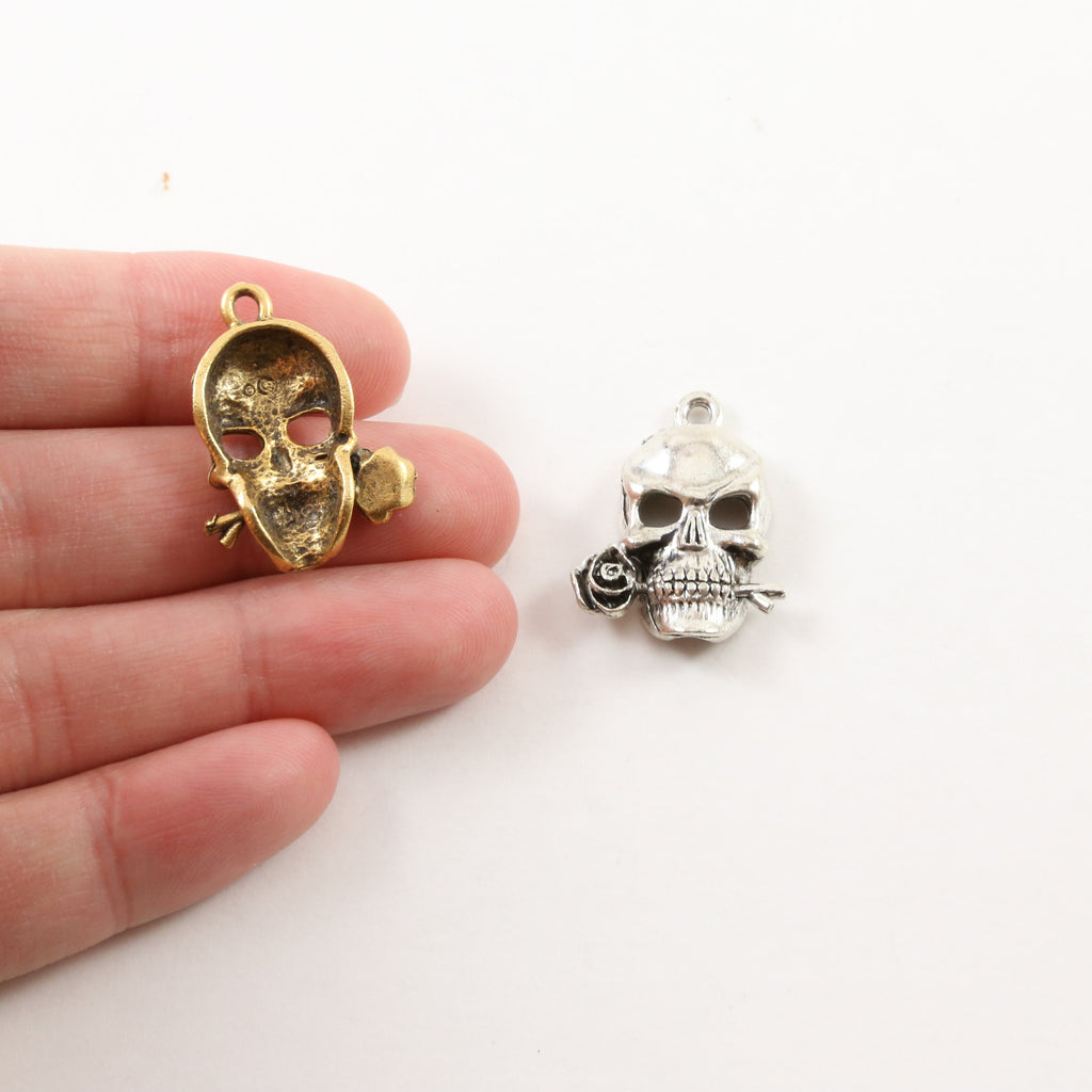 Pewter Rose in Mouth Punk Pirate Skull Charm Pendant Halloween