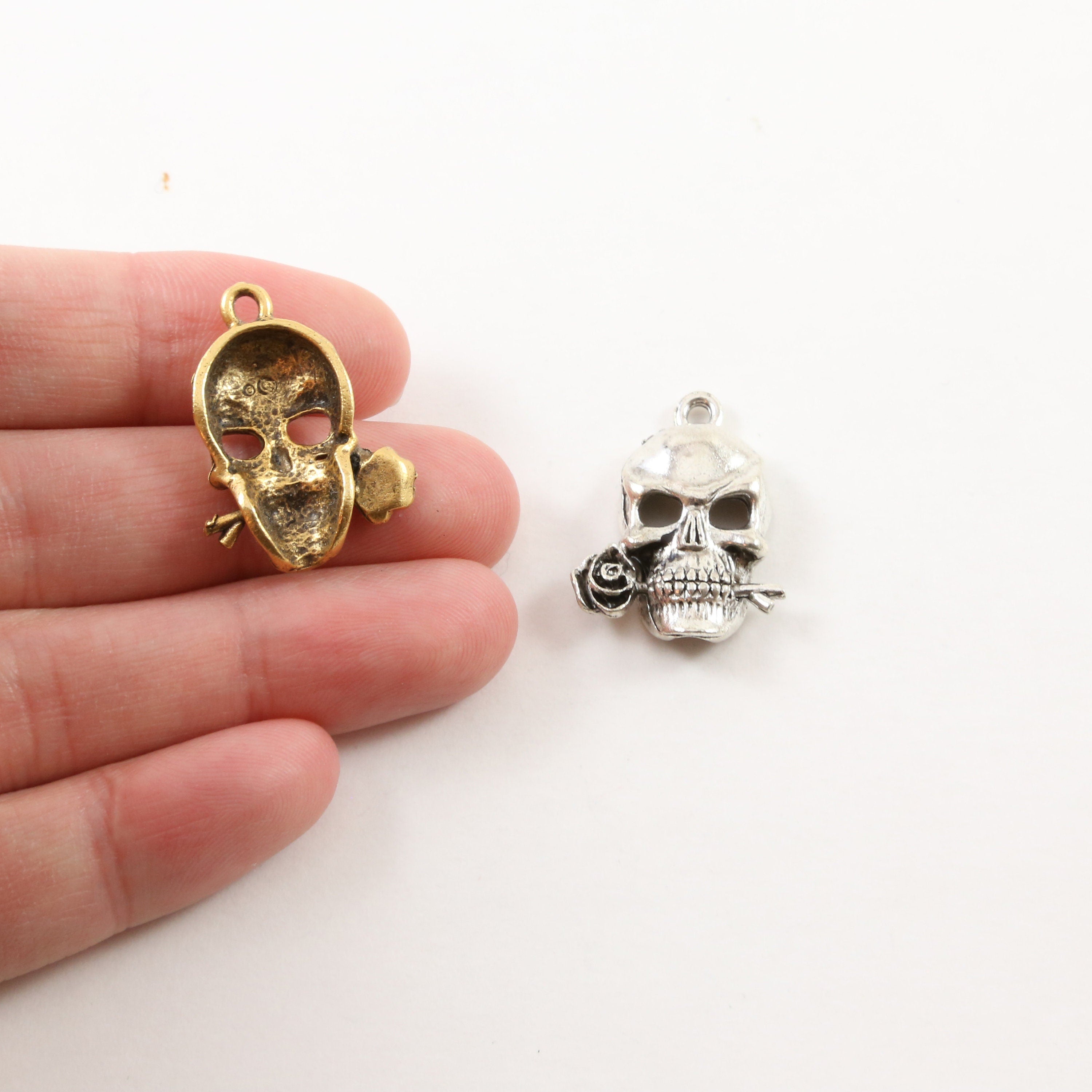 Pewter Rose in Mouth Punk Pirate Skull Charm Pendant Halloween