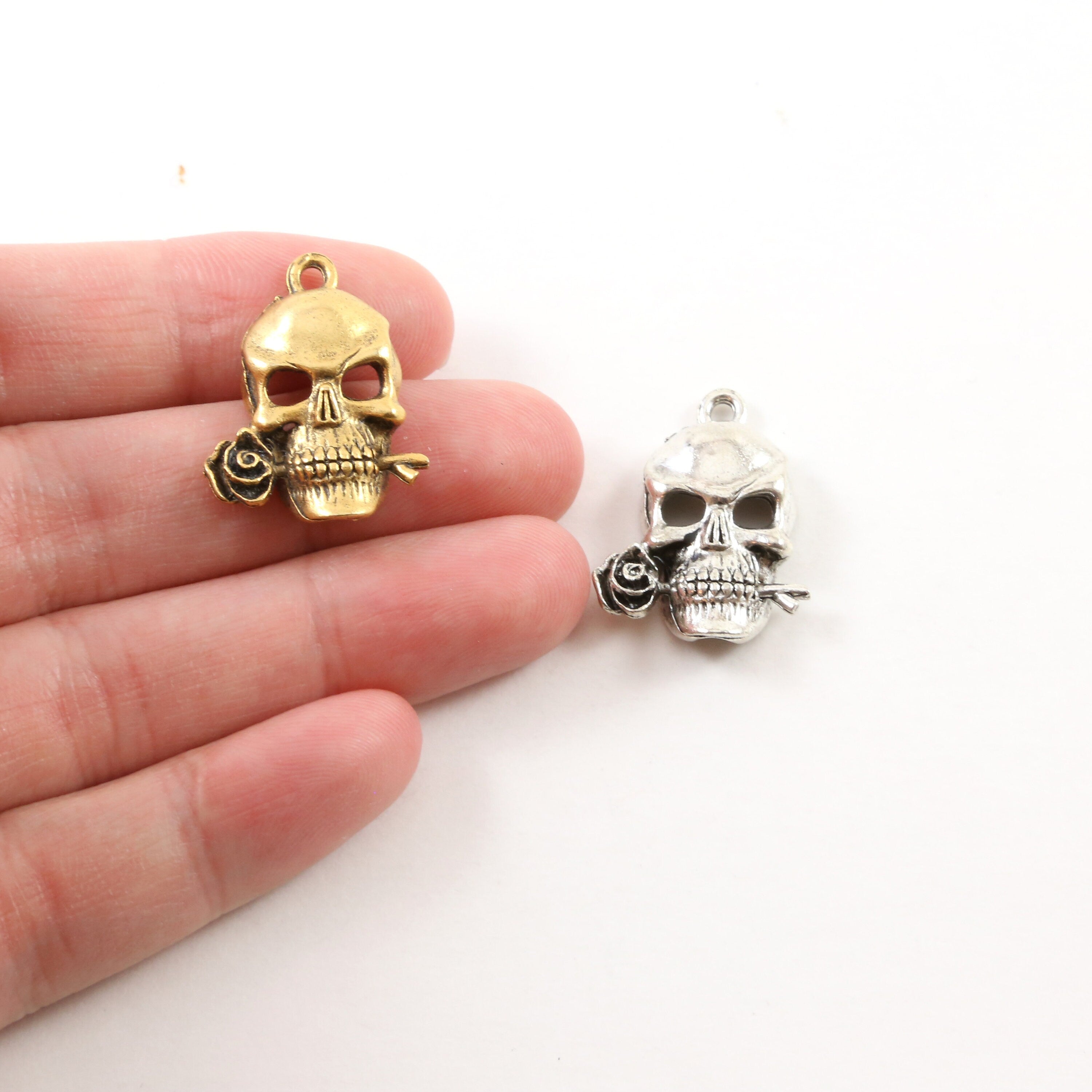 Pewter Rose in Mouth Punk Pirate Skull Charm Pendant Halloween
