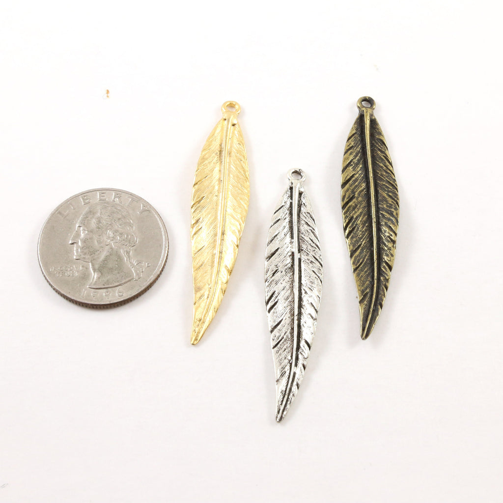 50mmx10mm Pewter Large Modern Feather Charm Necklace Pendant Matte Gold