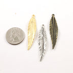 50mmx10mm Pewter Large Modern Feather Charm Necklace Pendant Matte Gold