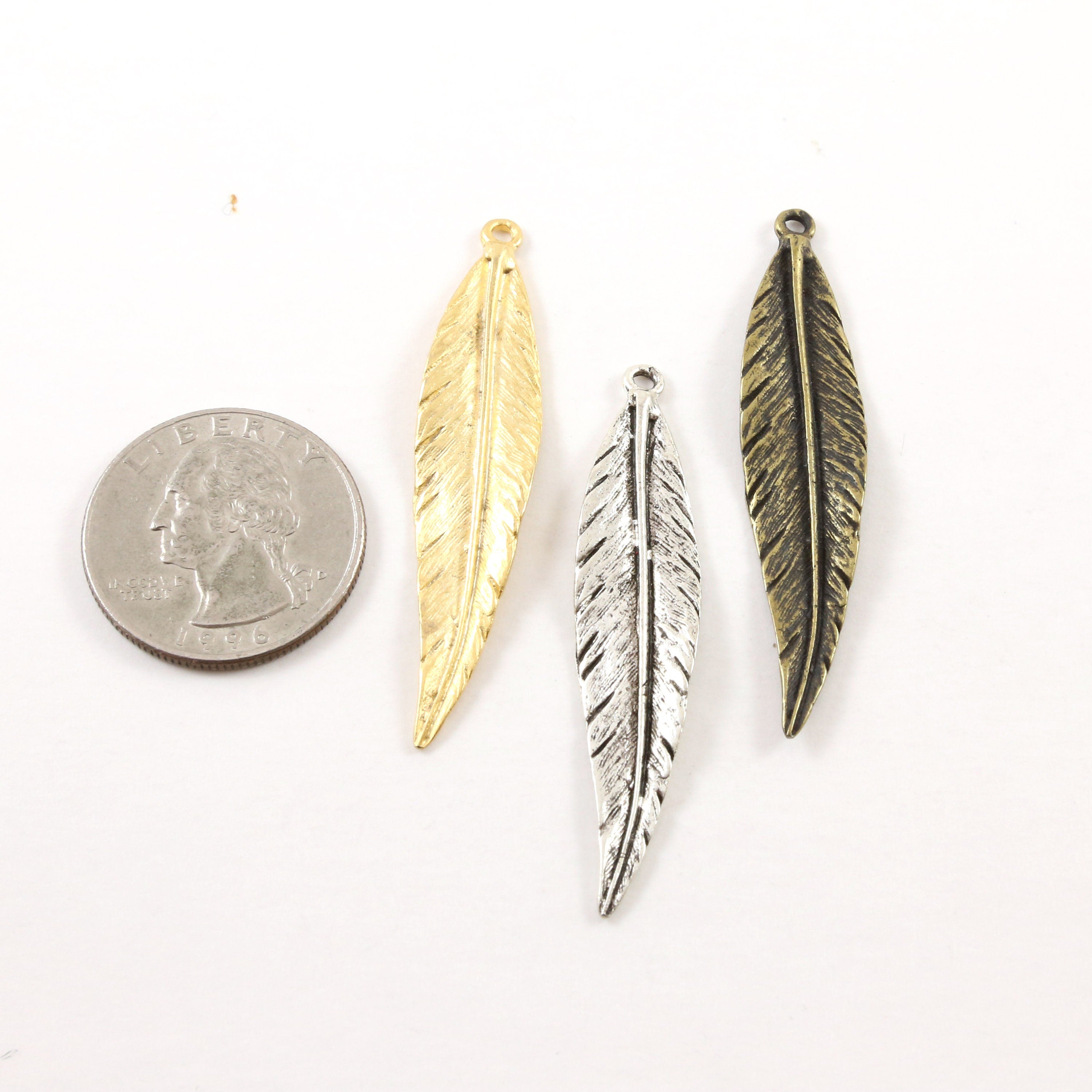 50mmx10mm Pewter Large Modern Feather Charm Necklace Pendant Matte Gold