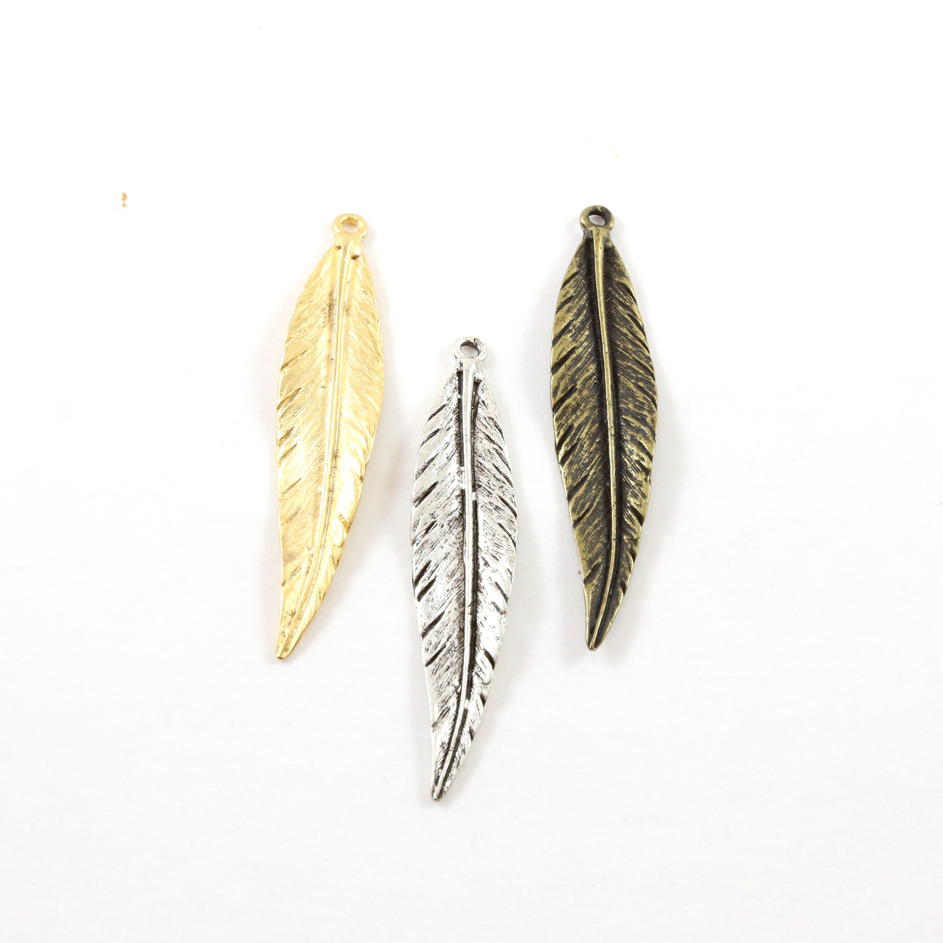50mmx10mm Pewter Large Modern Feather Charm Necklace Pendant Matte Gold