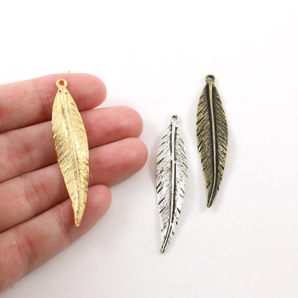 50mmx10mm Pewter Large Modern Feather Charm Necklace Pendant Matte Gold