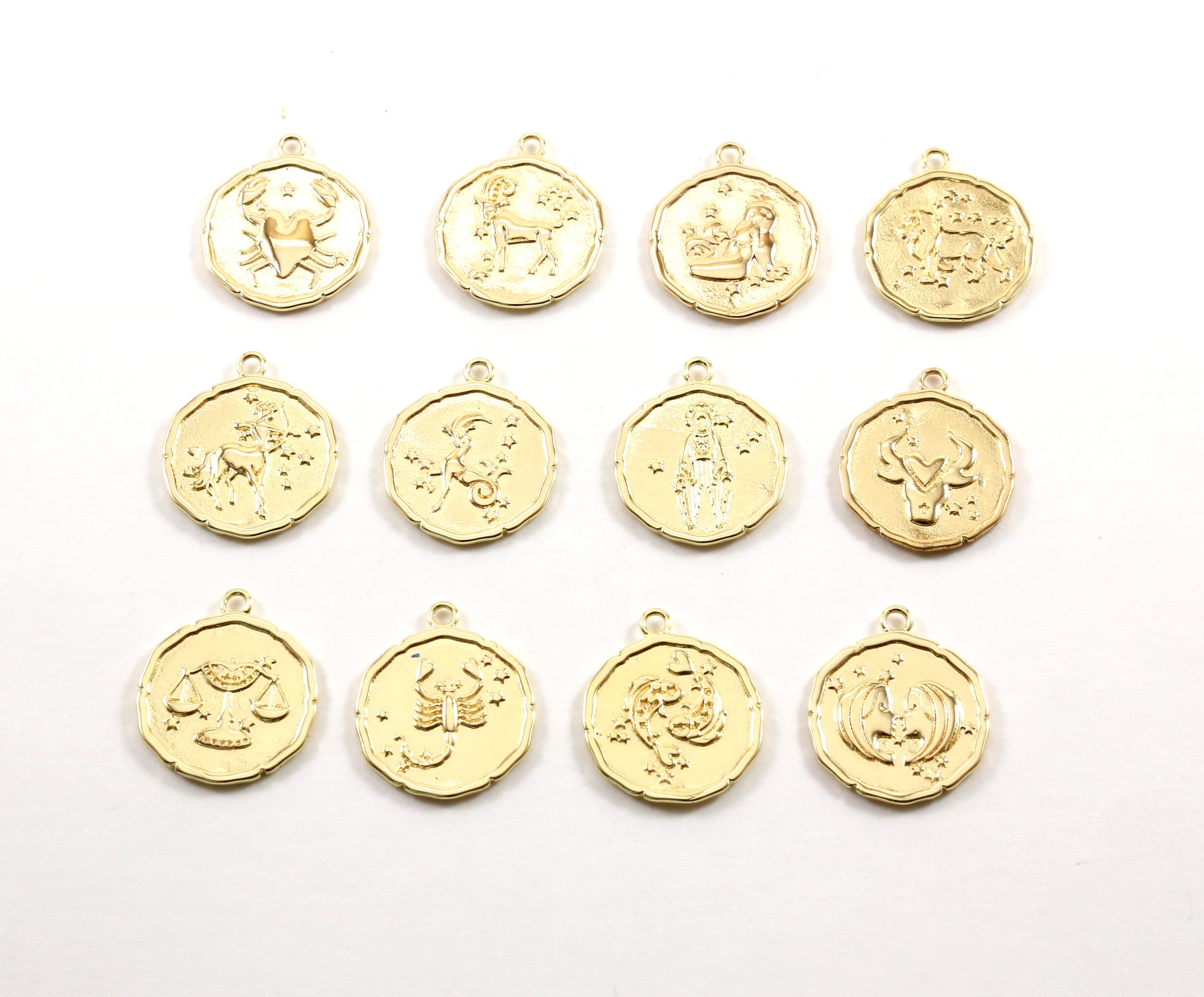22mmx19mm Gold Plated Gold Zodiac Coin Constellation Round Medallion Charms