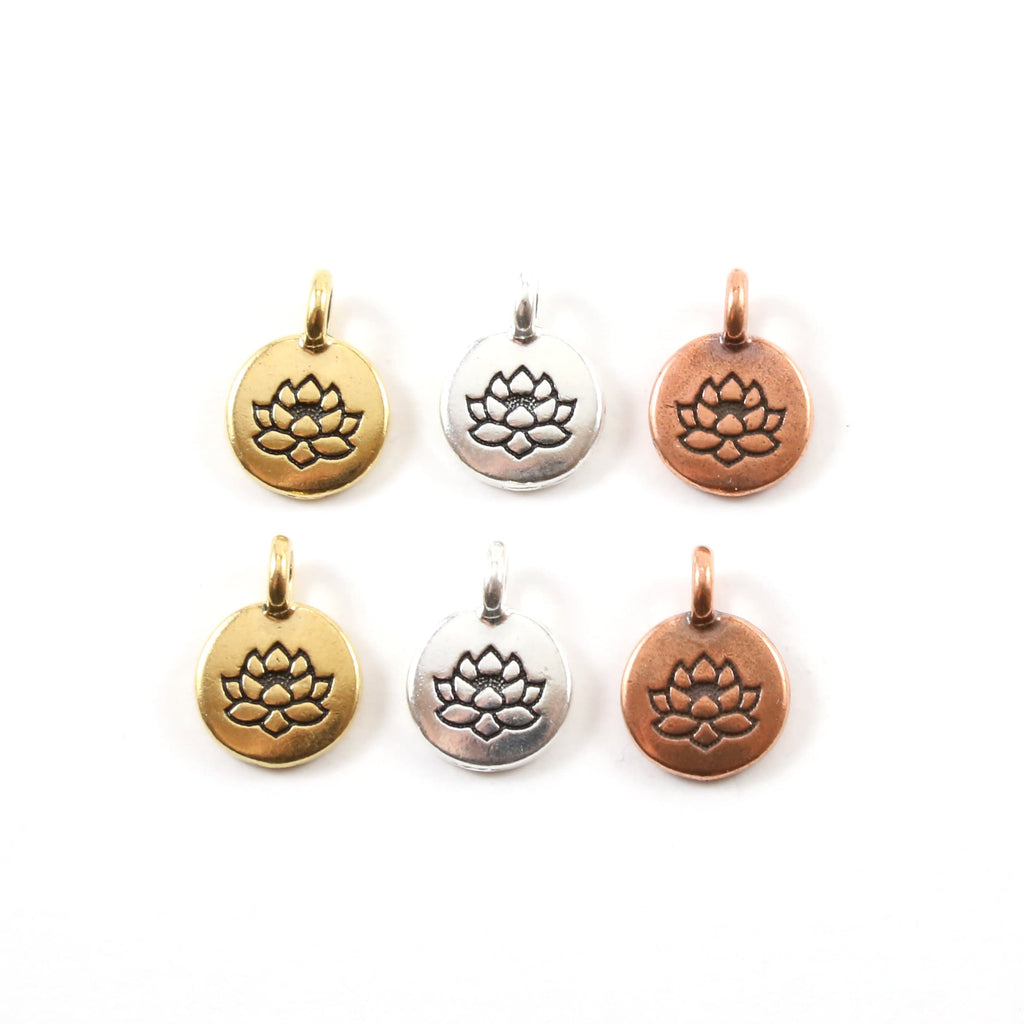 15mmx12mm Pewter Stamped Lotus Circle Charm Nature Pendant Healing (2pc)
