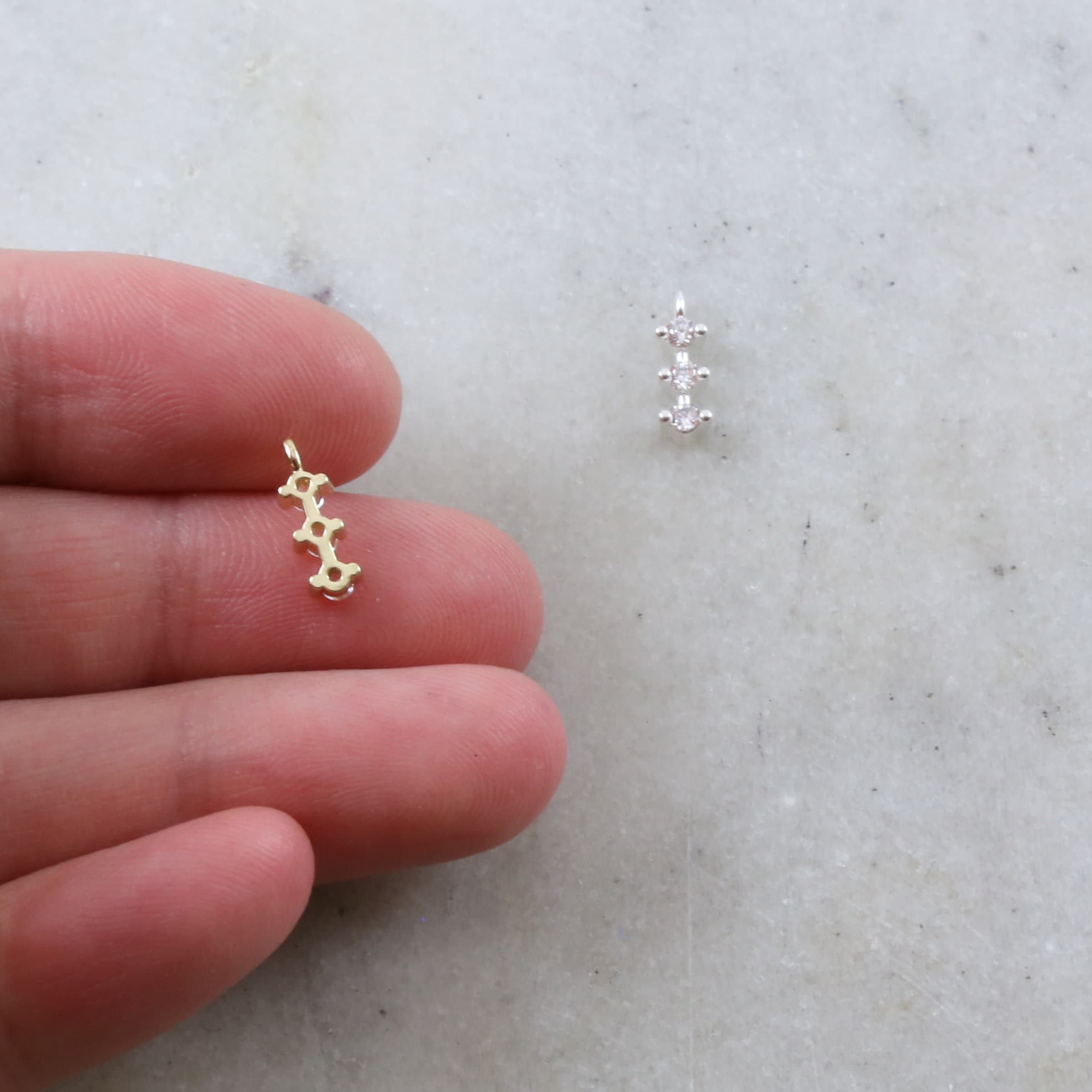 10mmx3mm Rhodium Plated Dainty Tiny CZ Trio Bar Pave CZ Small Drop Charm Cubic